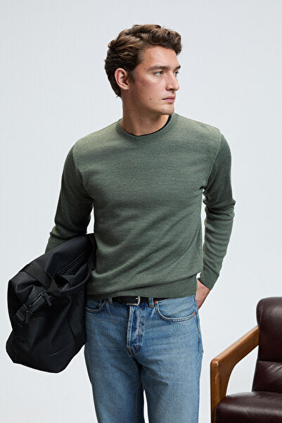 VAREX Men's Round Collar Basic Slim Fit Knitwear Khaki Sweater