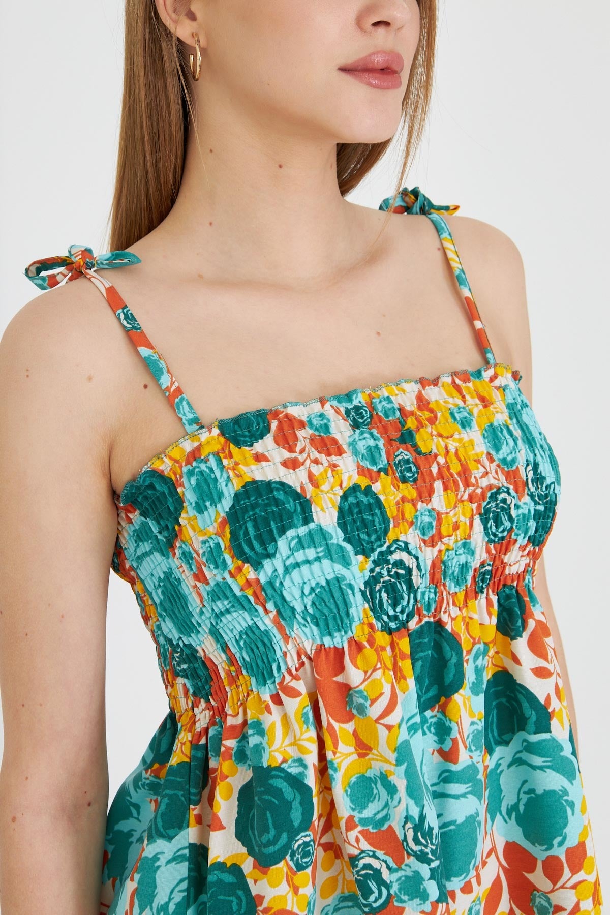 Women's Turquoise Straps Lace Up Chest Gimped Elastic Mini Dress ARM-25Y001047