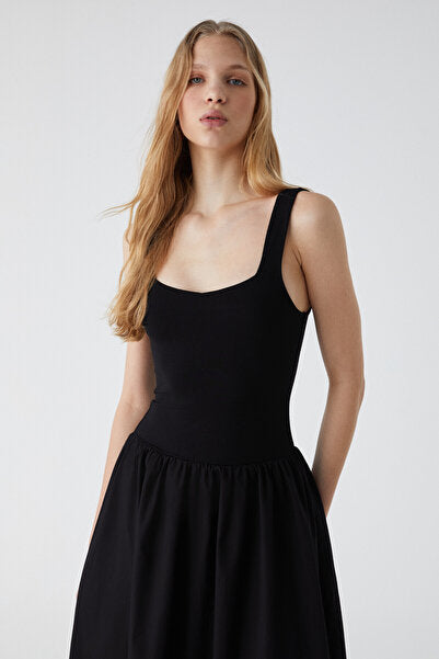 Pani Fuego Women's Strappy Collar Skirt Section, Stretchy Viscose Black Dress with Woven Poplin Top