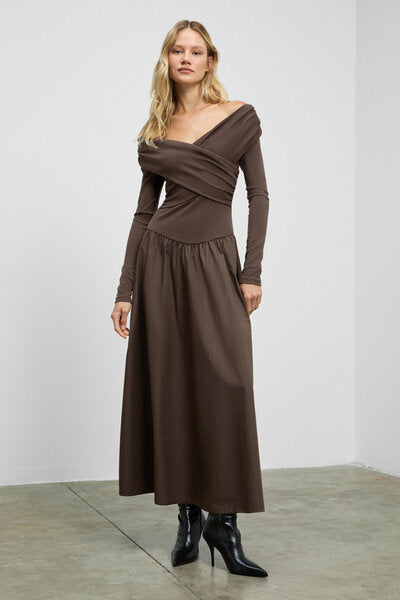 FRUENDO Women's Asymmetrical Collared Top with Stretchy Fabric Skirt Poplin Long Brown Dress