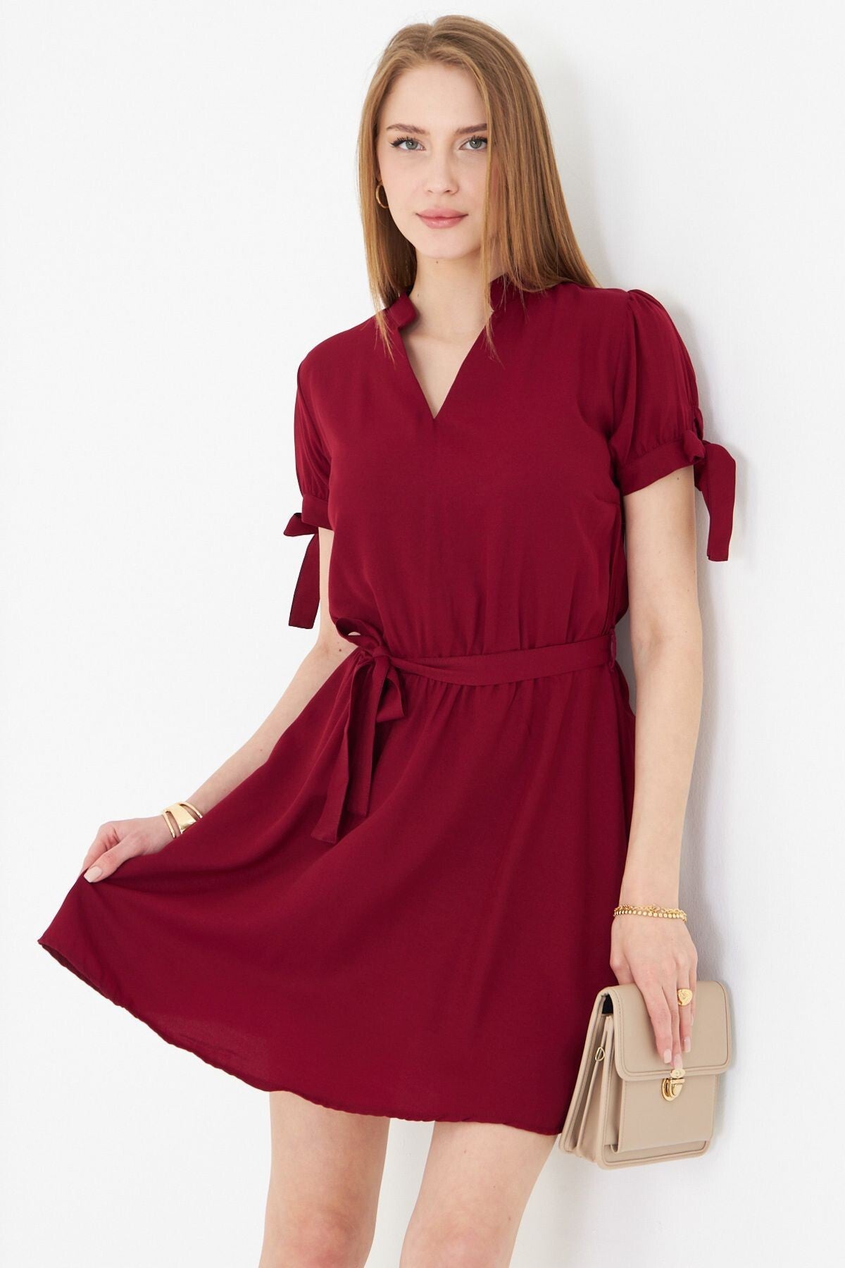 Women's Burgundy Collar Sleeve Tied Waist Elastic Belted Short Dress ARM-23Y001088