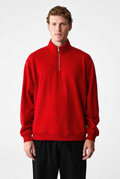 VELVETY Men's Cotton Fleece Inside Stand-up Collar Zippered Long Sleeve Regular Fit Red Sweatshirt