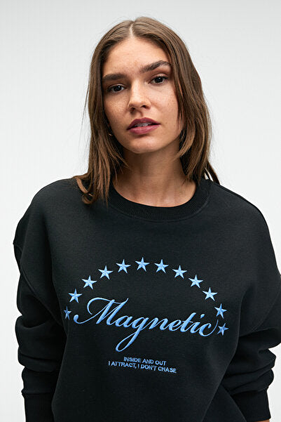 VISTARA Women's Embroidery Detailed Round Neck Regular Fit Black Sweatshirt