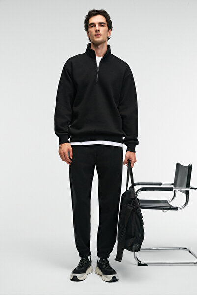 ANSEL Men's Elastic Slim Leg Three Pocket Soft Organic Cotton Black Sweatpants