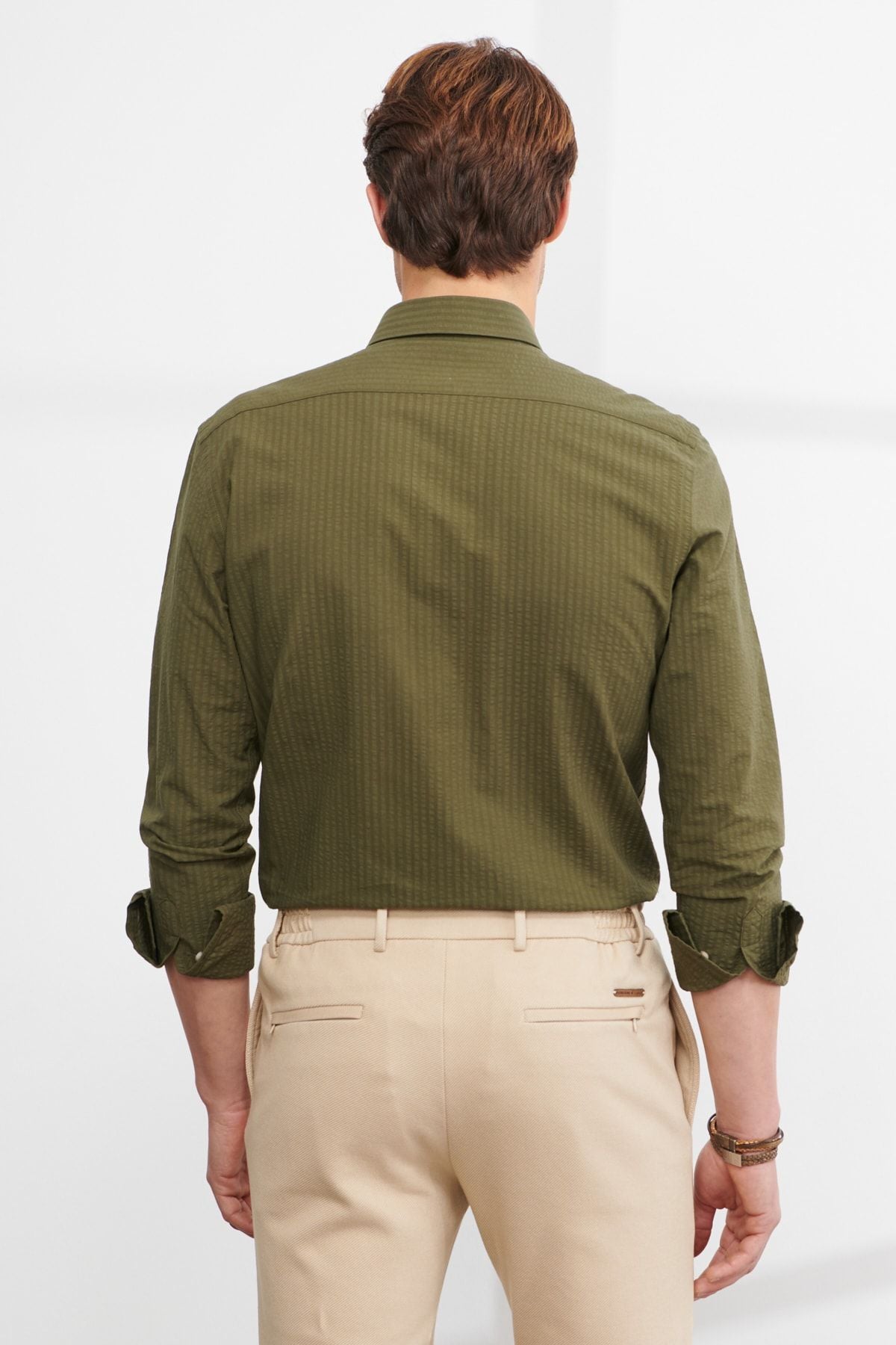 Male Khaki Slim Fit Narrow Cutting Buttoned Neck 100 %Cotton Shirt