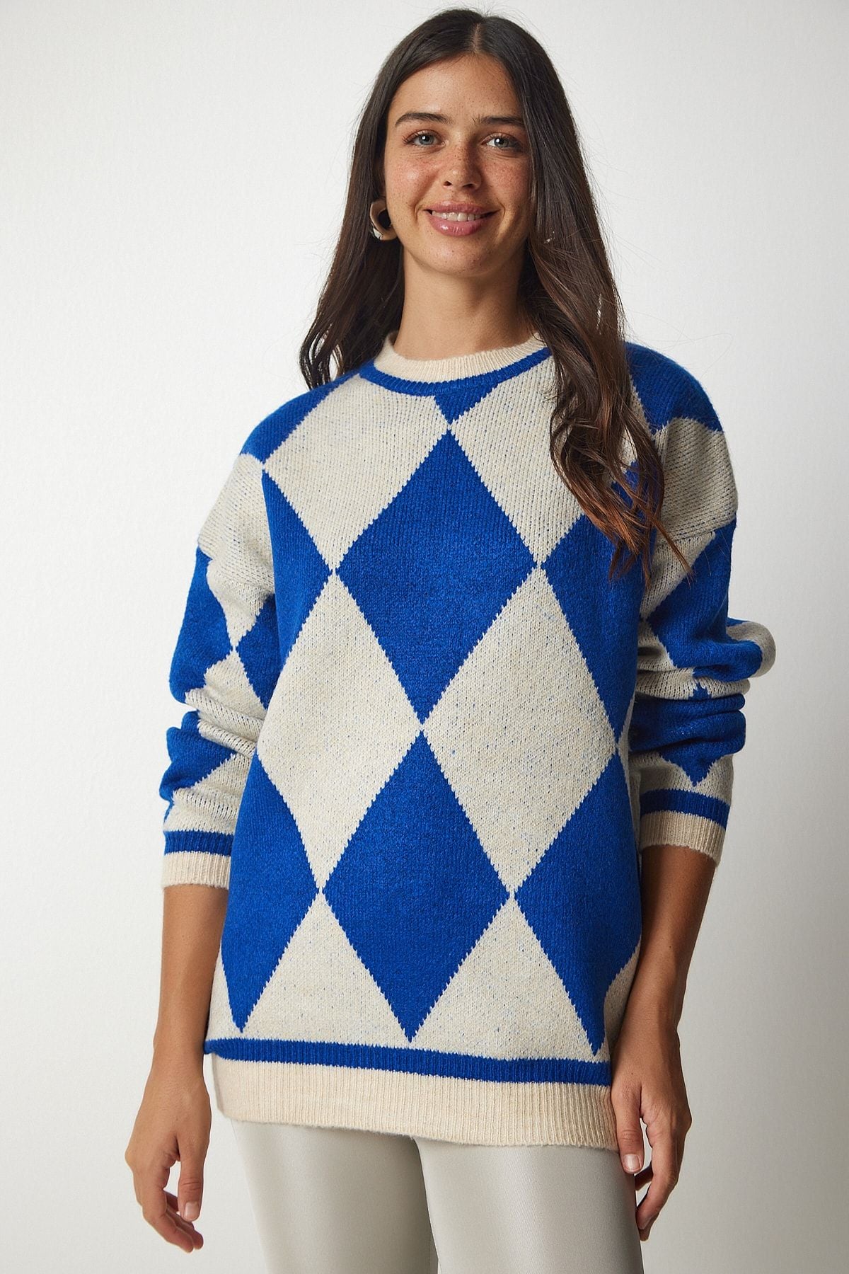 Woman Blue Baklava Patterned Oversize Knitwear Kazakh YY00161