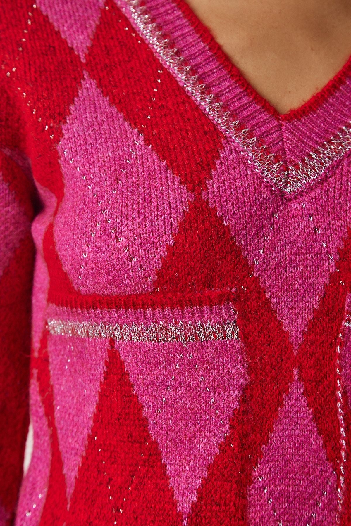 Women's Fuchsia Red Baklava Patterned Pocket Knitwear Kazakh BV00105