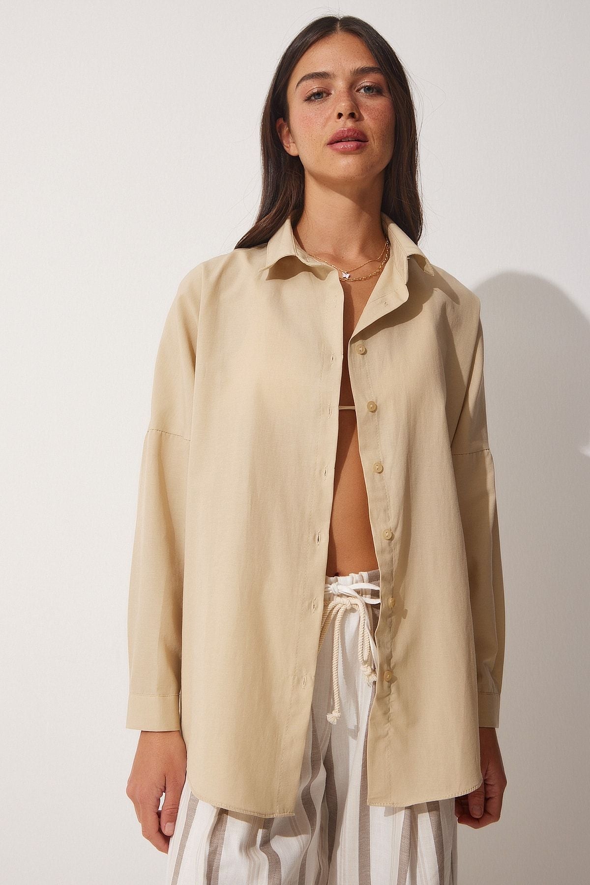 Woman Dark Cream Oversize Long Basic Shirt DD00842