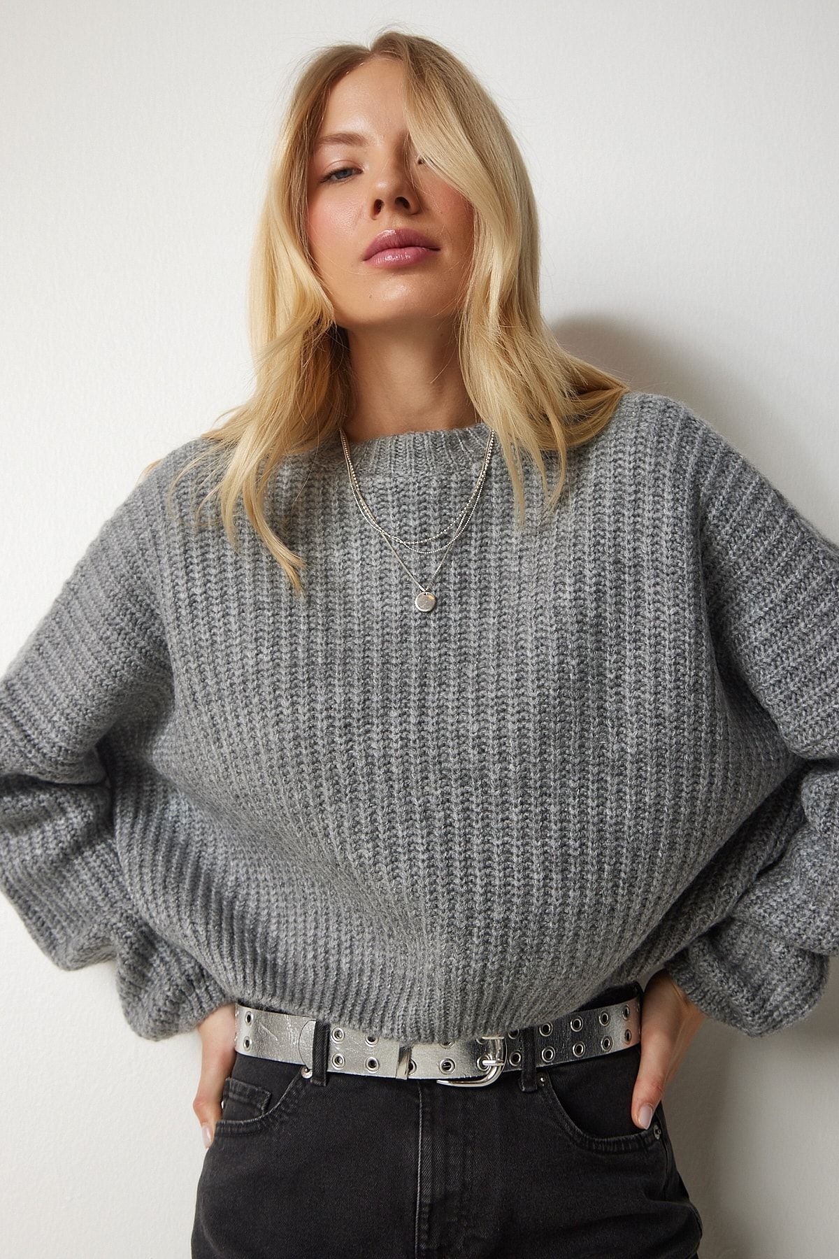 Women's Gray Balloon Sleeze Basic Knitwear Kazakh BV00098