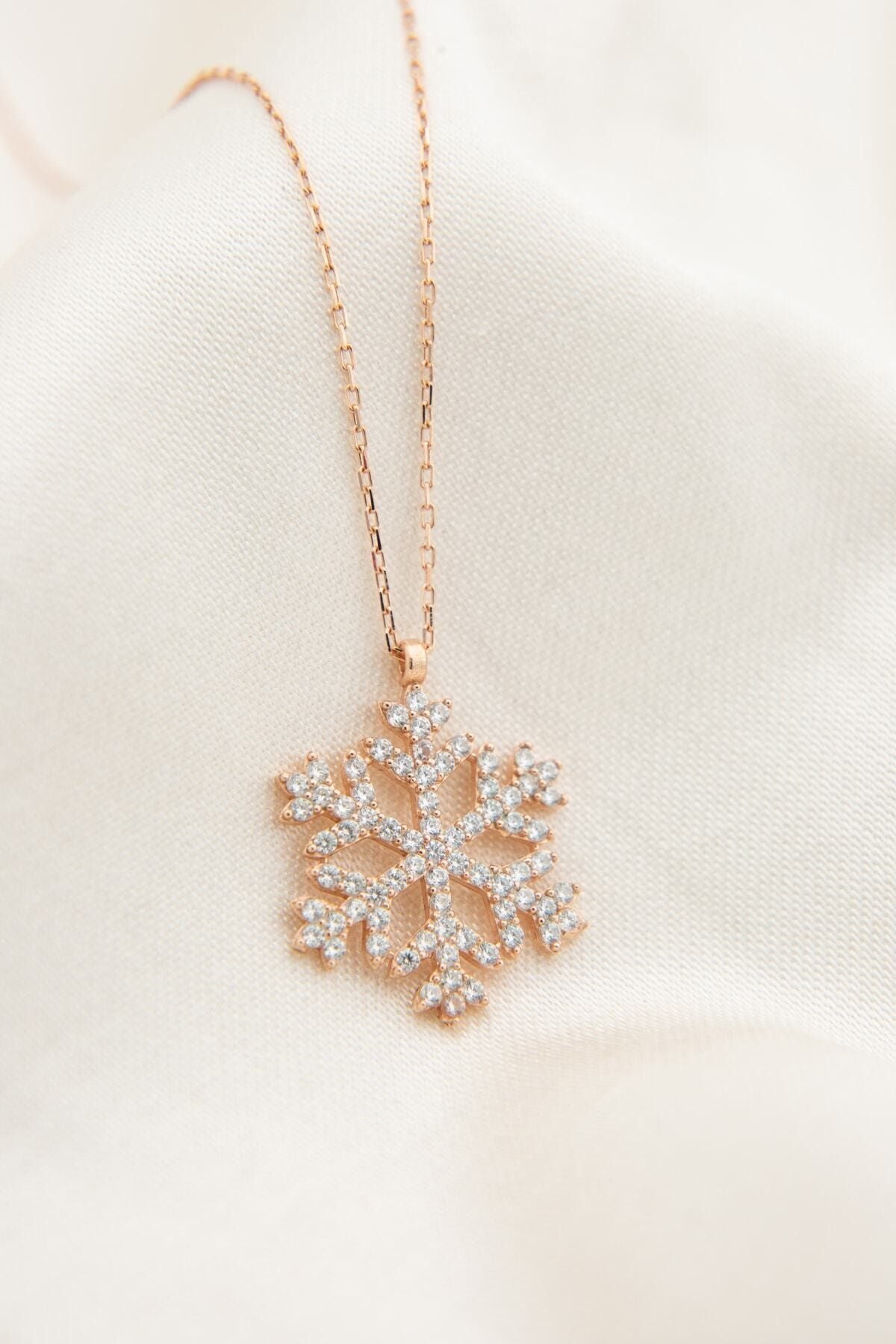 Snowflake White Stone 14 K Rose Gold Plated Women Necklace