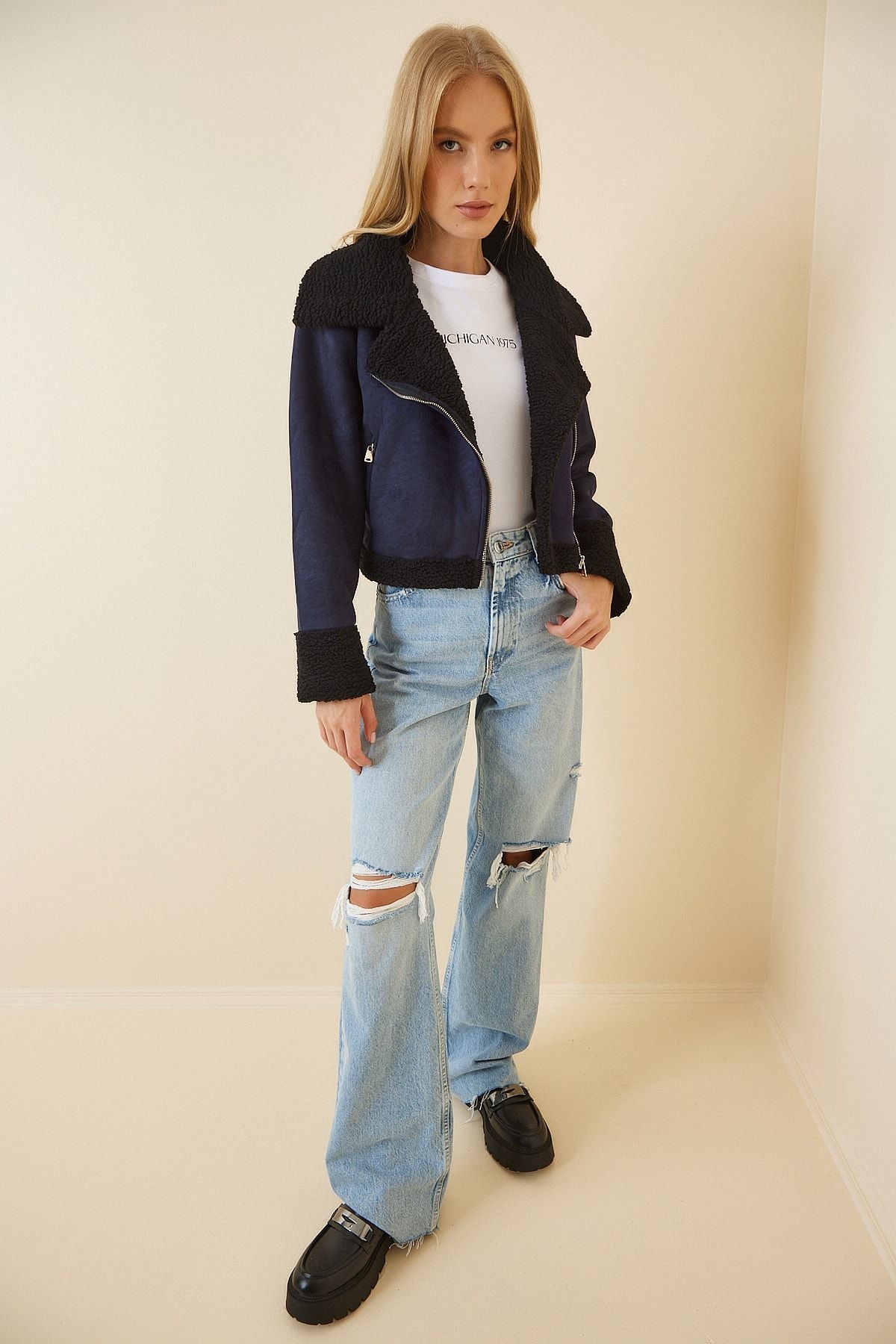 Women's Navy Plush Fur detailed artificial leather biker coat BJ00016
