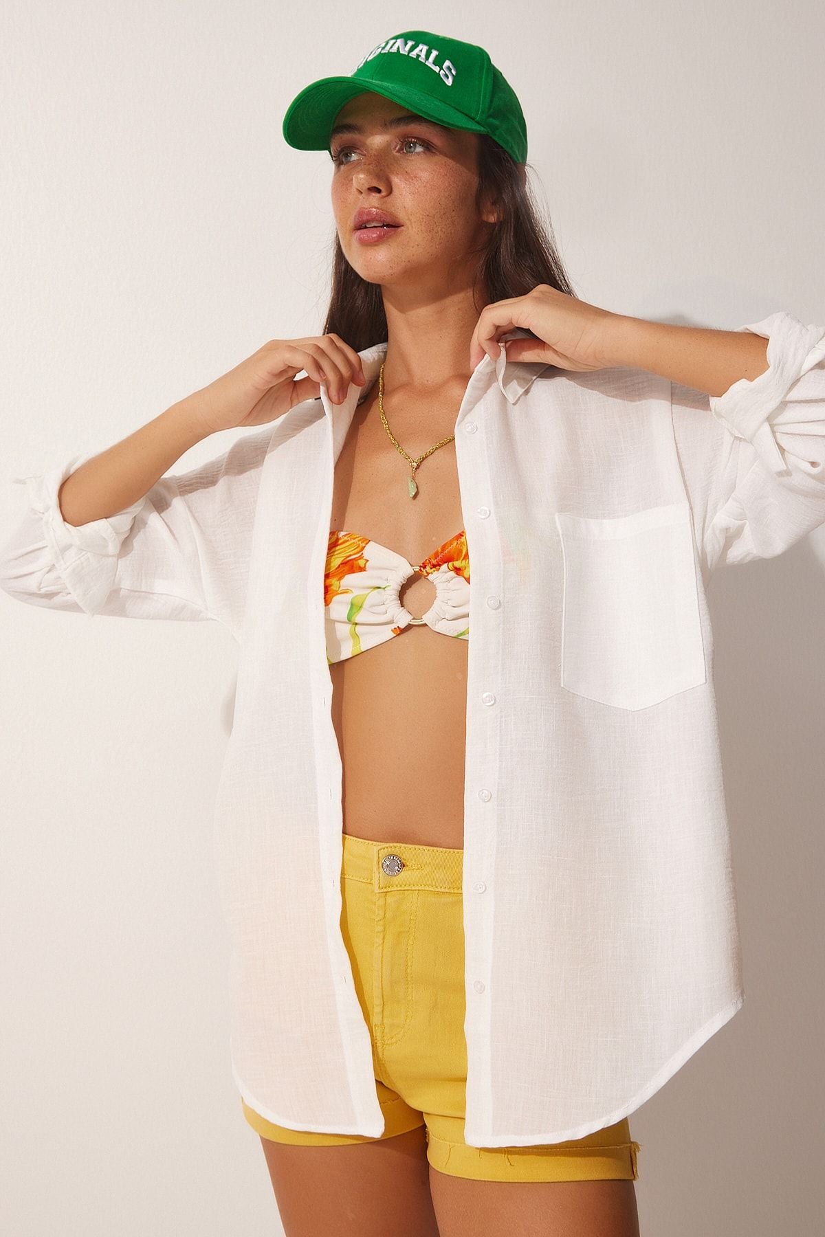 Woman White Linen Mixed Oversize Shirt DD01248
