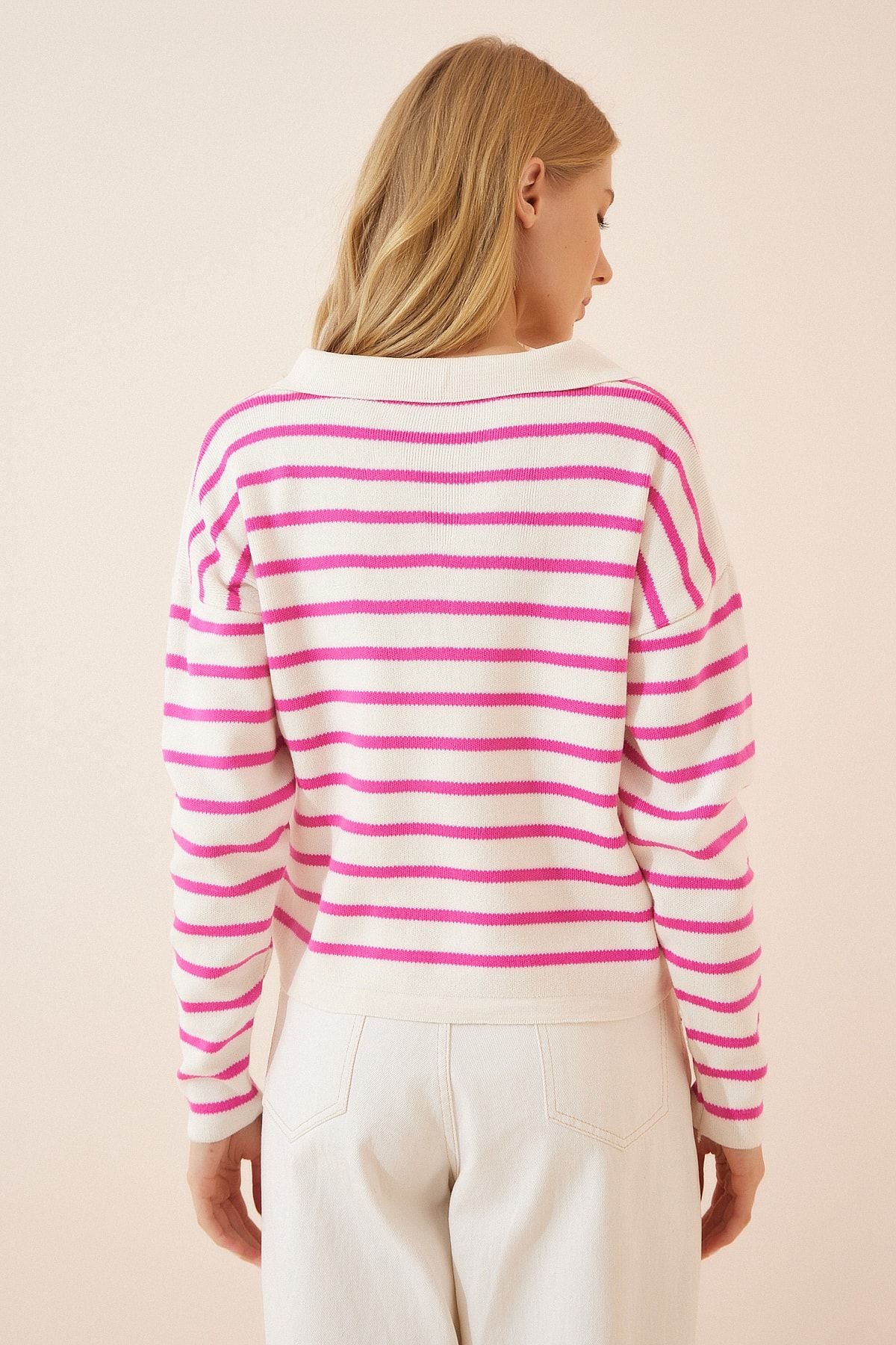 Woman Pink Bone Polo Yaka Crop Knitwear sweater US00293