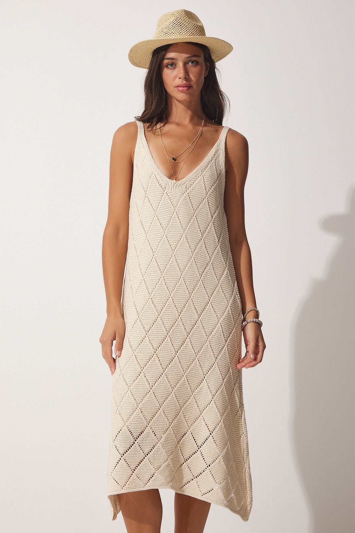 Women's Cream Hanger V -Yaka Outlet Summer Triko Dress NF00049