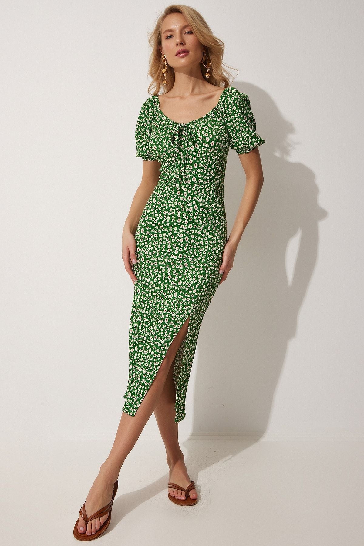 Woman Green Carmen Yaka Silled Summer Knitting Dress FF00113