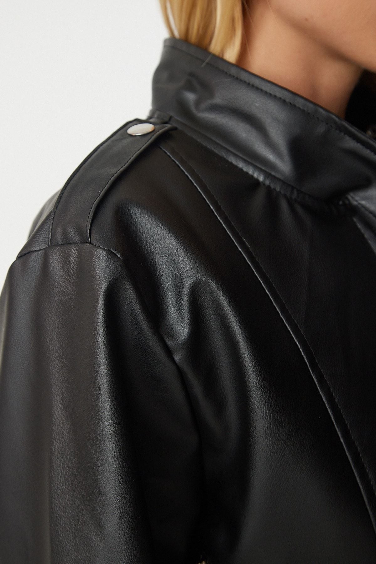 Female Black Belt Detail Pocket Artificial Leather Jacket RV00144