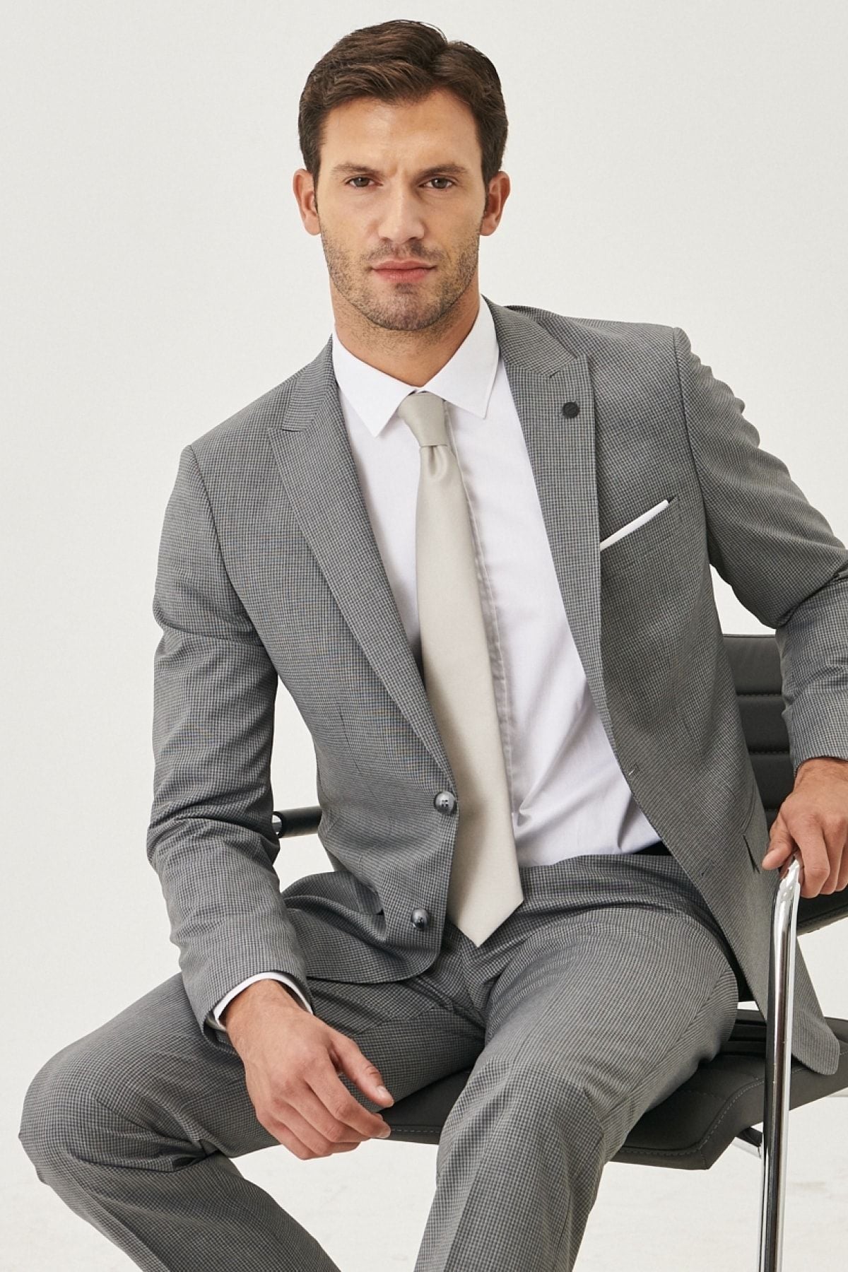Men's Gray Slim Fit Narrow Cut Patterned Suit Suit
