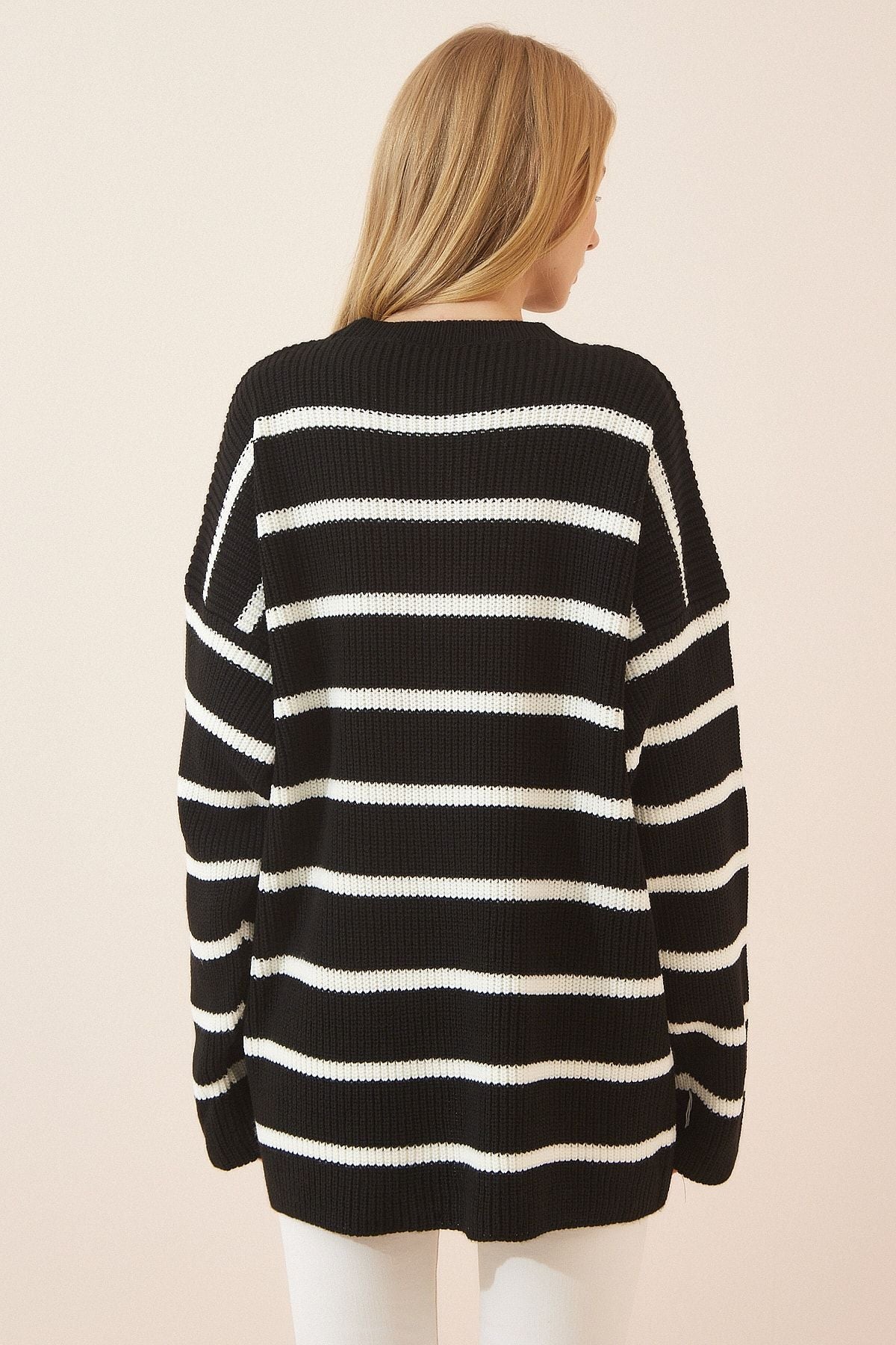 Women's black striped long oversize knitwear sweater yy00078