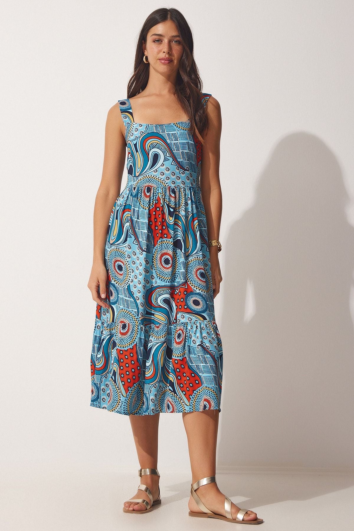 Women's Blue Flower Square Yol Summer Viscose Dress DD01189