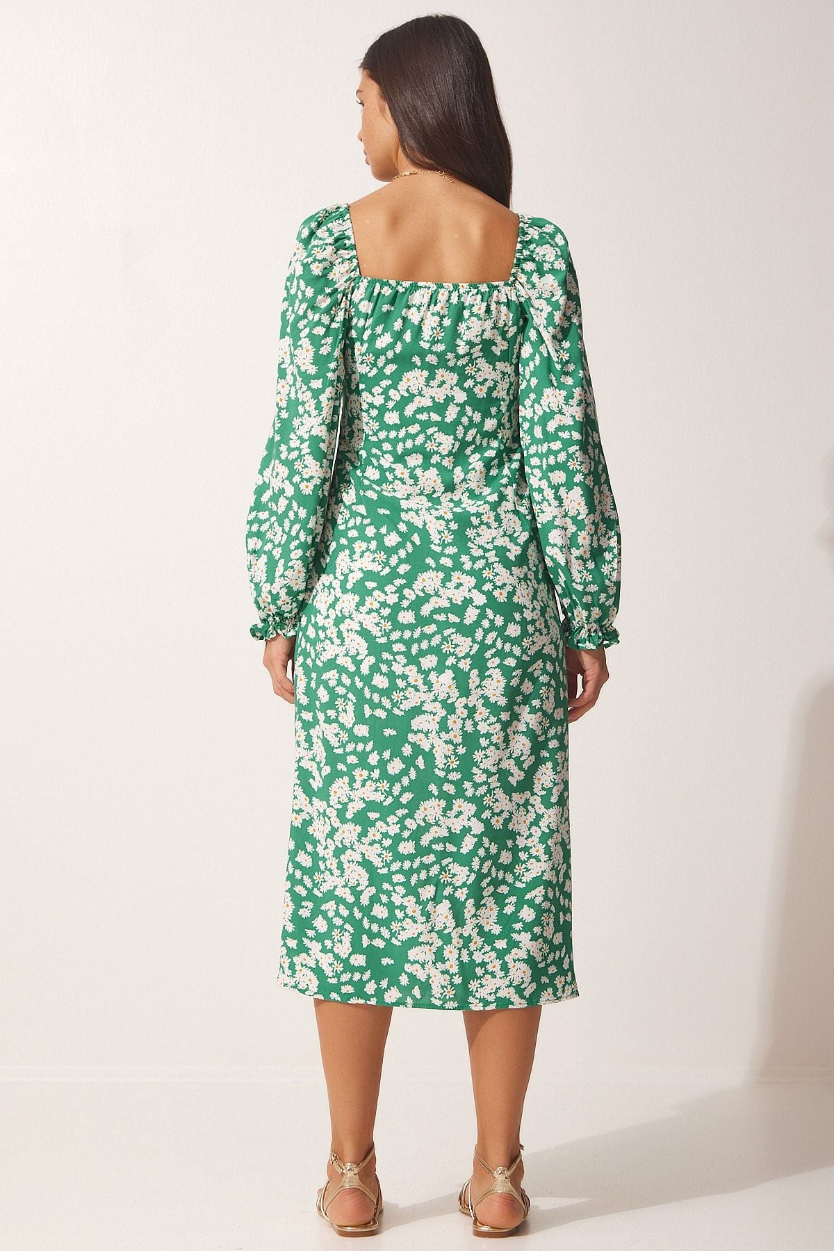 Female green patterned viscose weaving dress FN03073