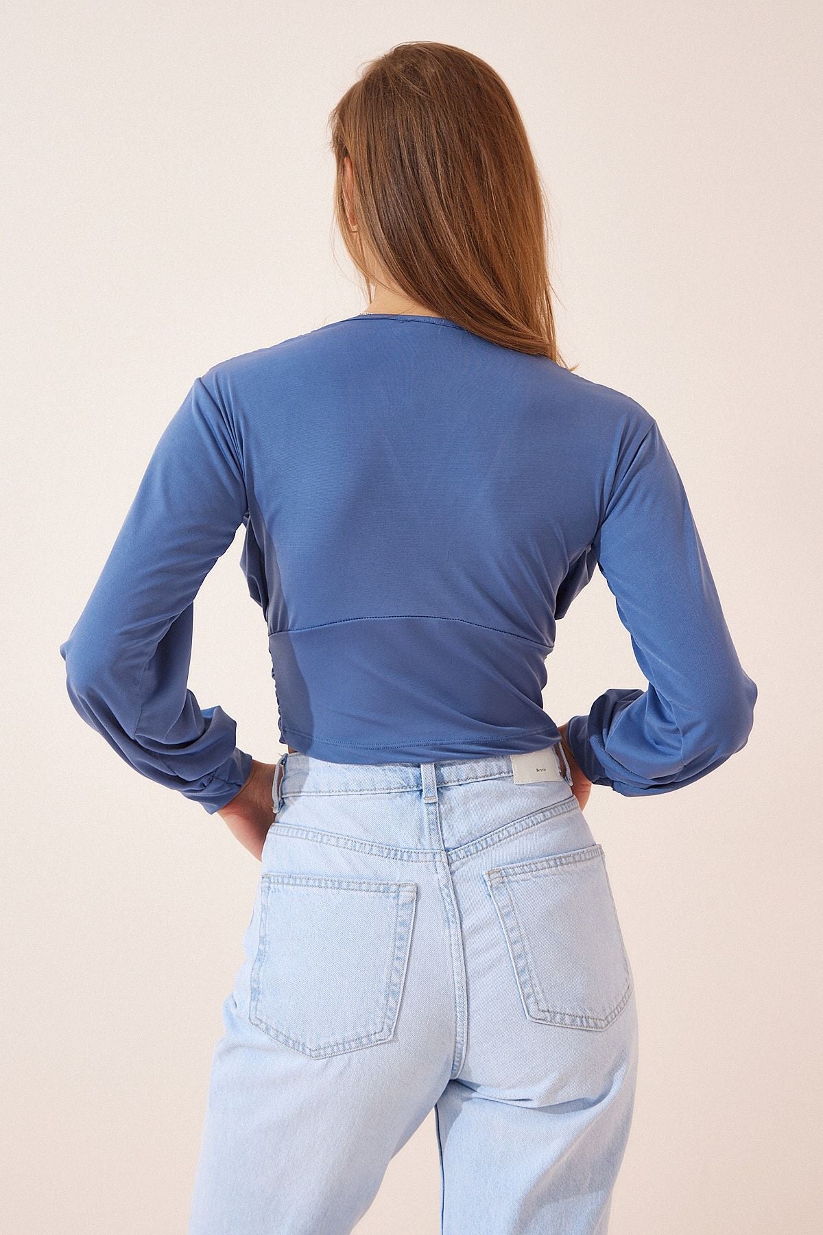 Women indigo blue deep v neck Crop sandy knit blouse BF00050