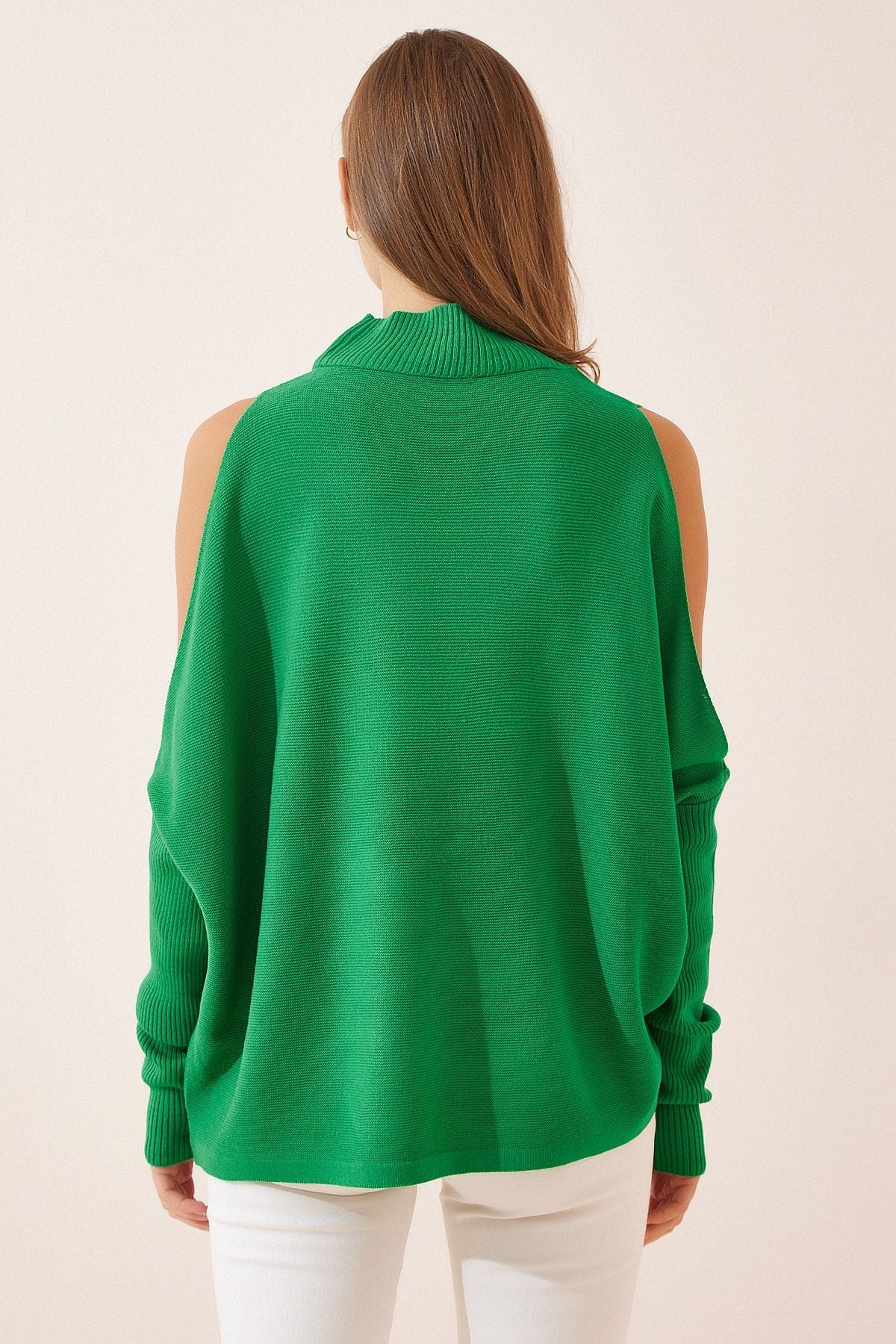 Woman Live Green Cut Out Detailed Oversize Knitwear Sweater AS00015