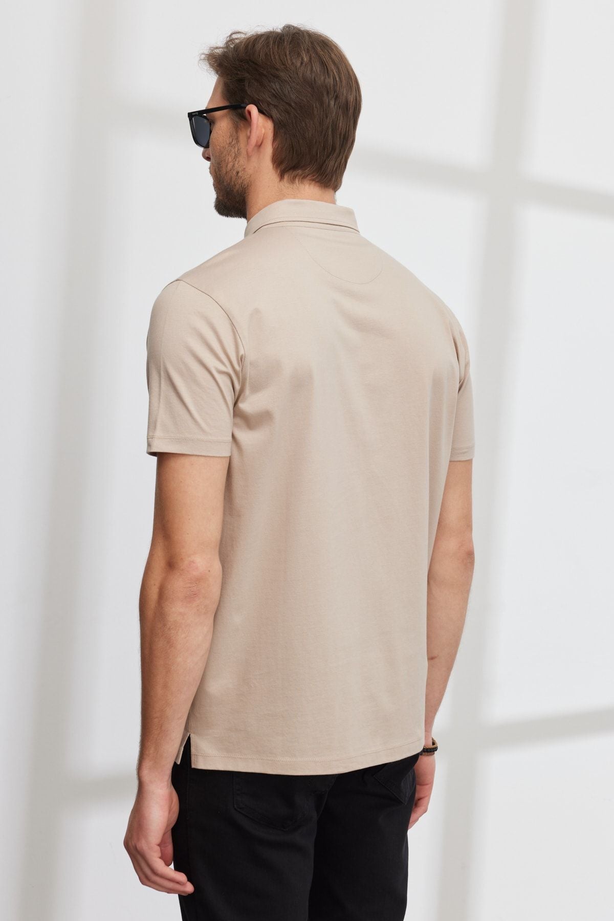 Men's beige slim fit narrow cut polo collar 100 %cotton T -shirt