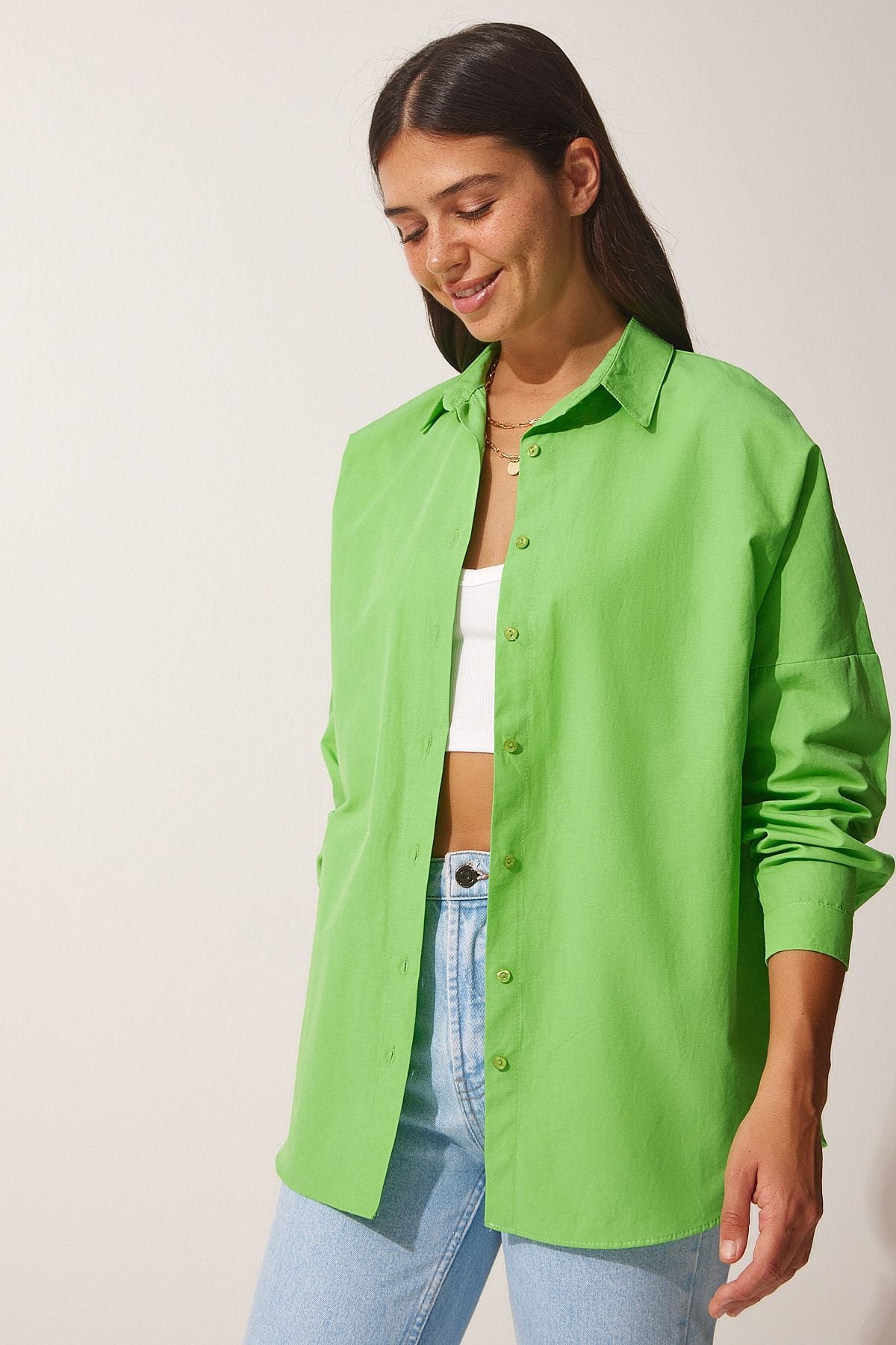 Woman Middle Green Oversize Long Basic Shirt DD00842