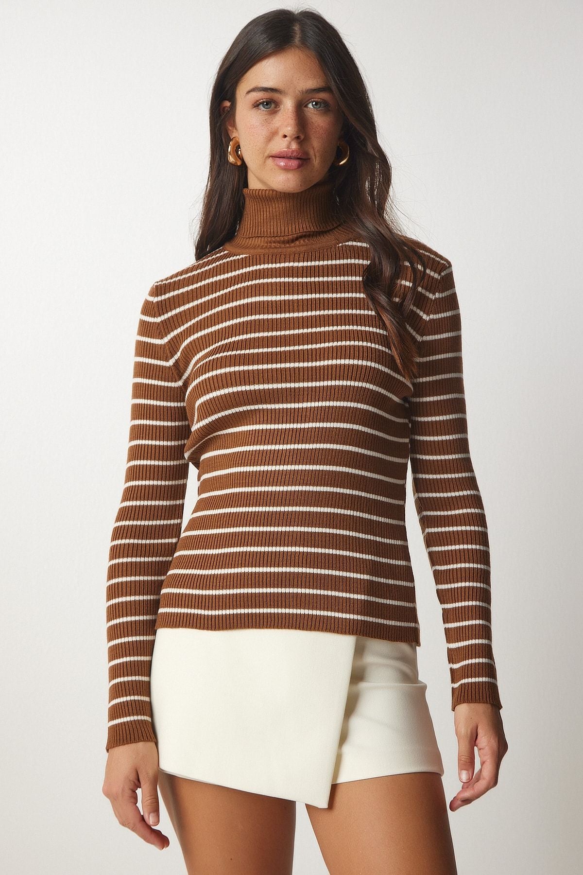 Women's Brown striped fisherman collar knitwear sweater BP00146