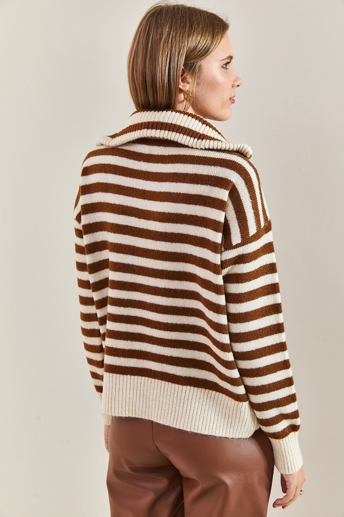 Female Fisherman Near Zipper Striped Oversize knitwear sweater