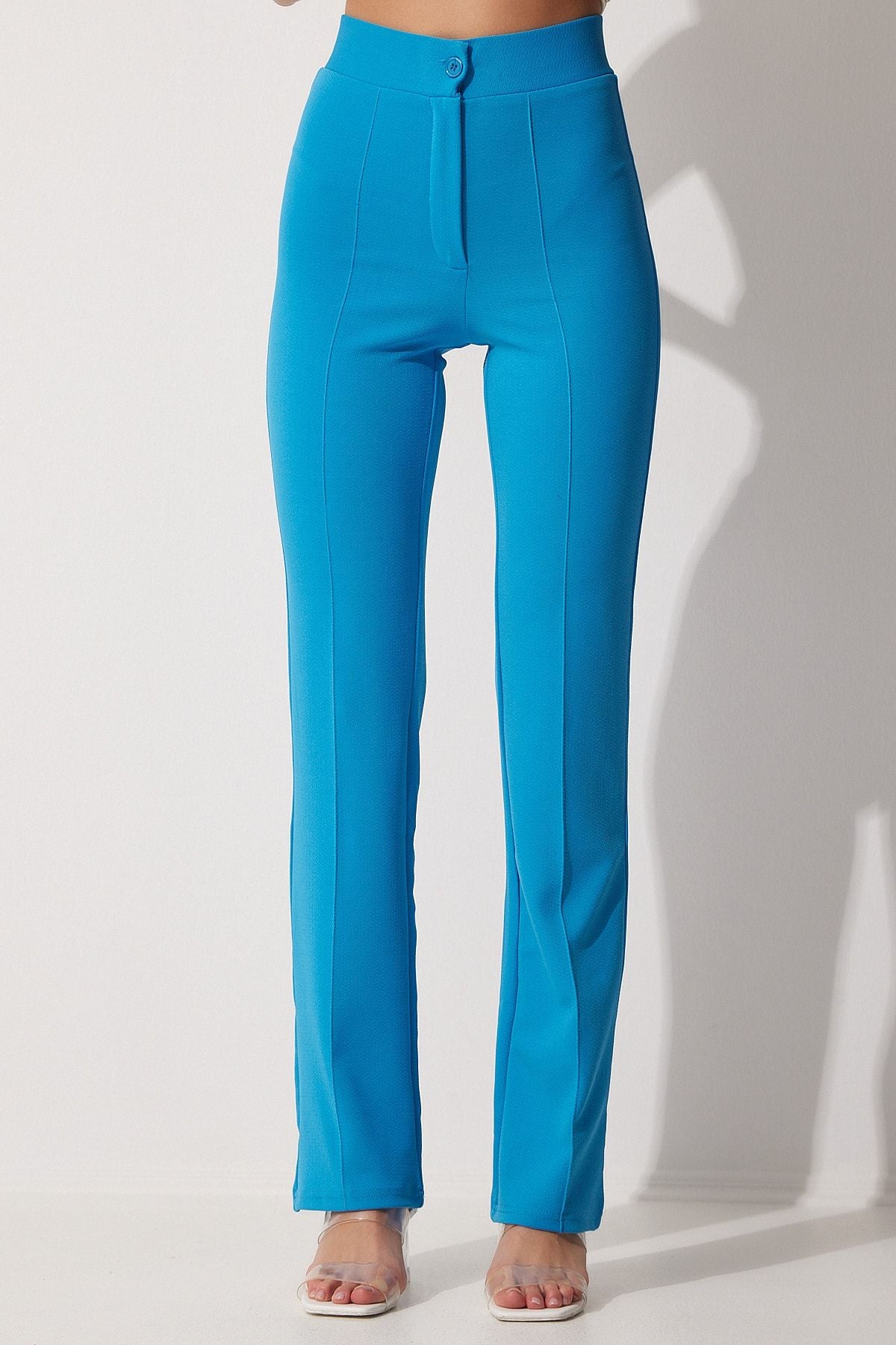 Woman Blue High Waist Lycra Casual Knitting Pants RV00090