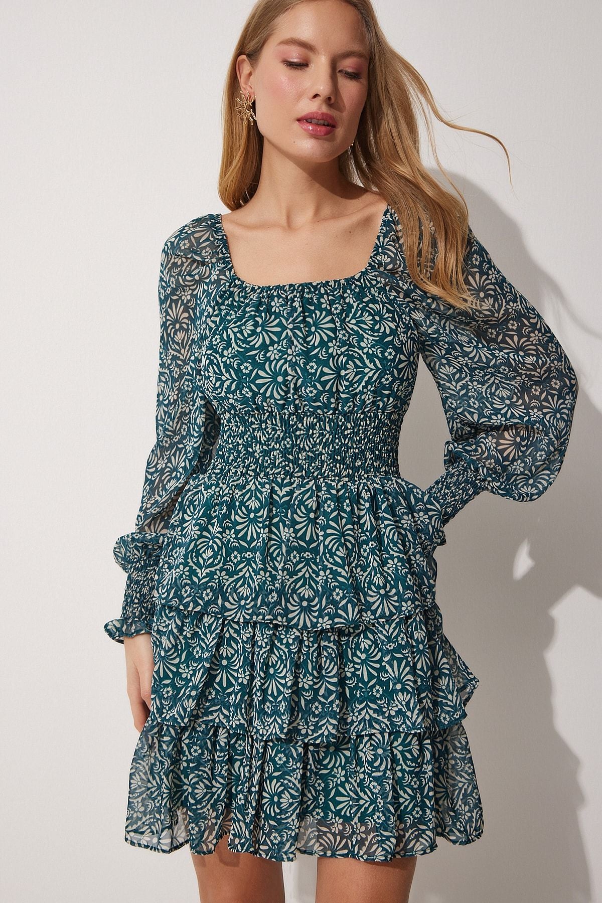 Female Green Flower Carmen collar chiffon dress DK00146