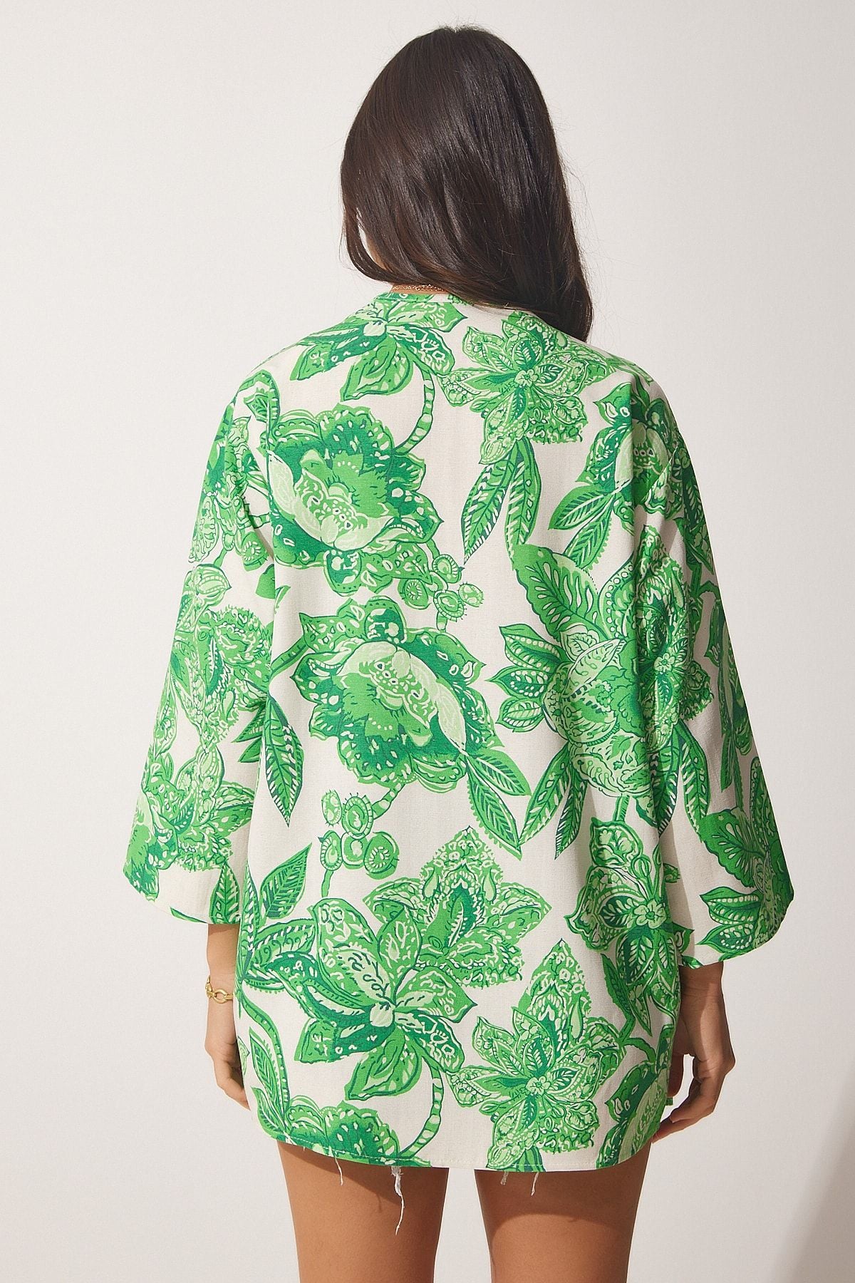 Female green beige patterned linen viscose Kimono BH00381