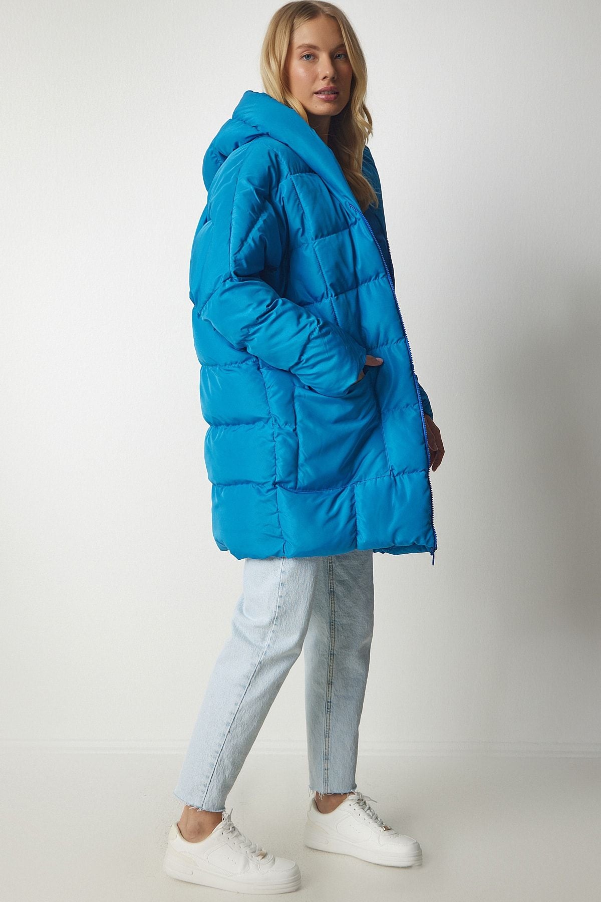 Woman Sky Blue Hooded Oversiz swelling coat NT00429