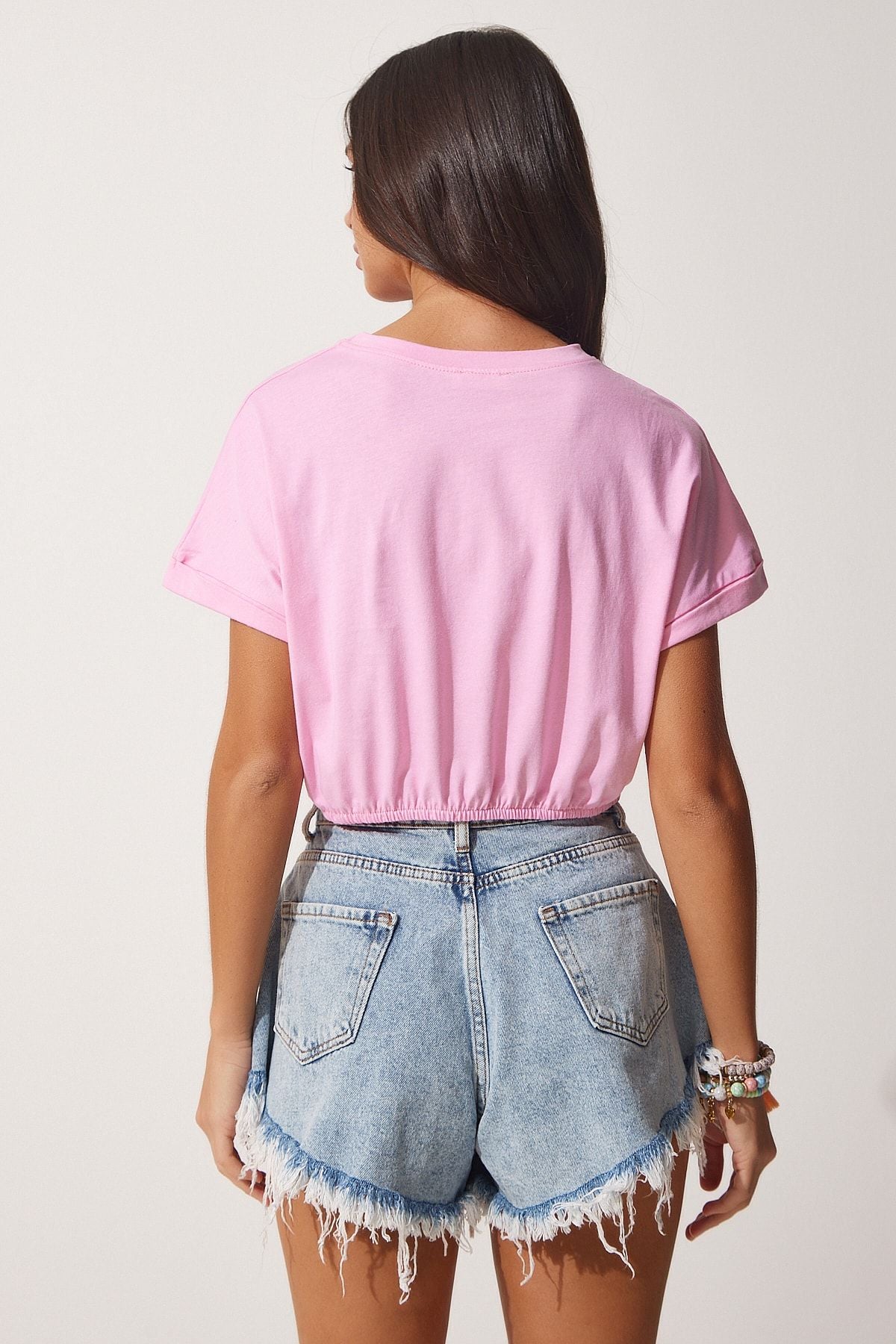 Woman Pink Waist Elastic Crop T-Shirt UB00083