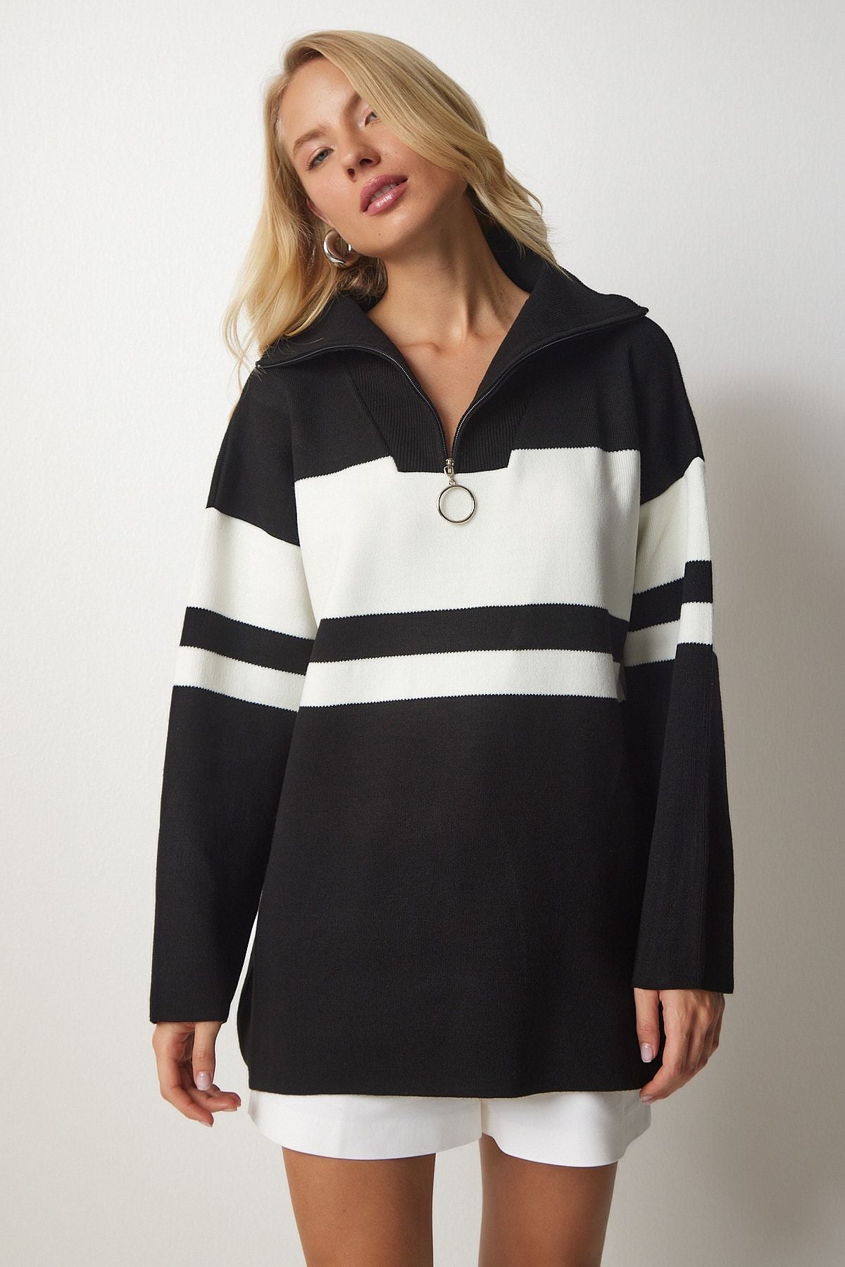 Female black zipper collar striped knitwear sweater US00700