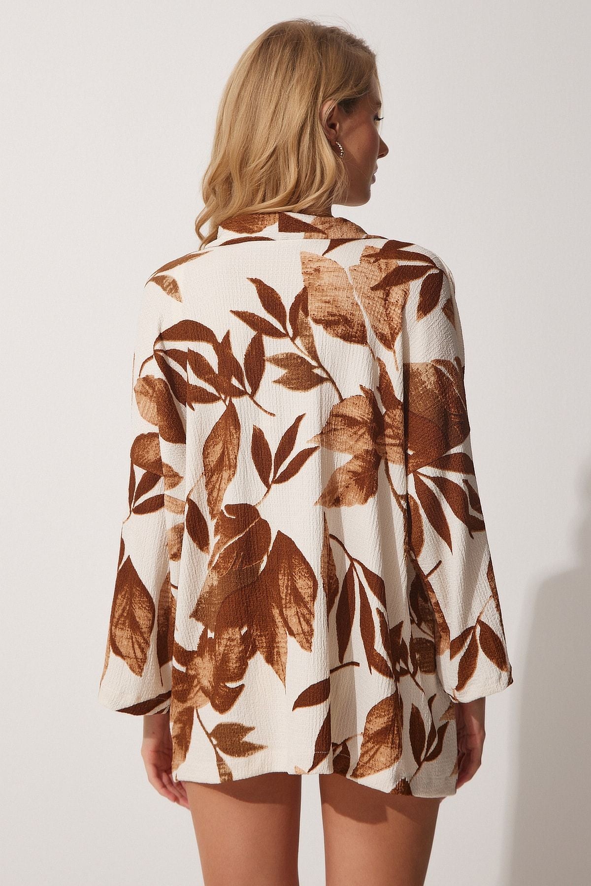 Female Brown Cream Patterned Long Krinkil Viscose Summer Kimono DD01204