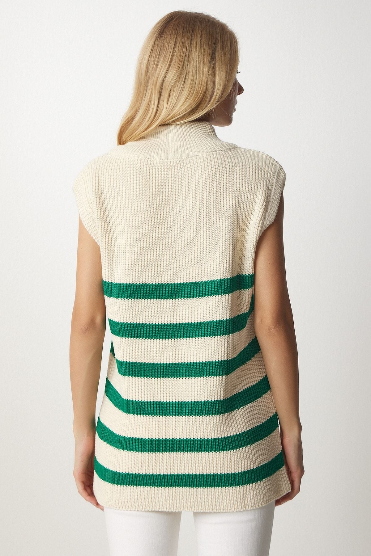 Women's Cream Green Zippered collar striped sweater MX00123