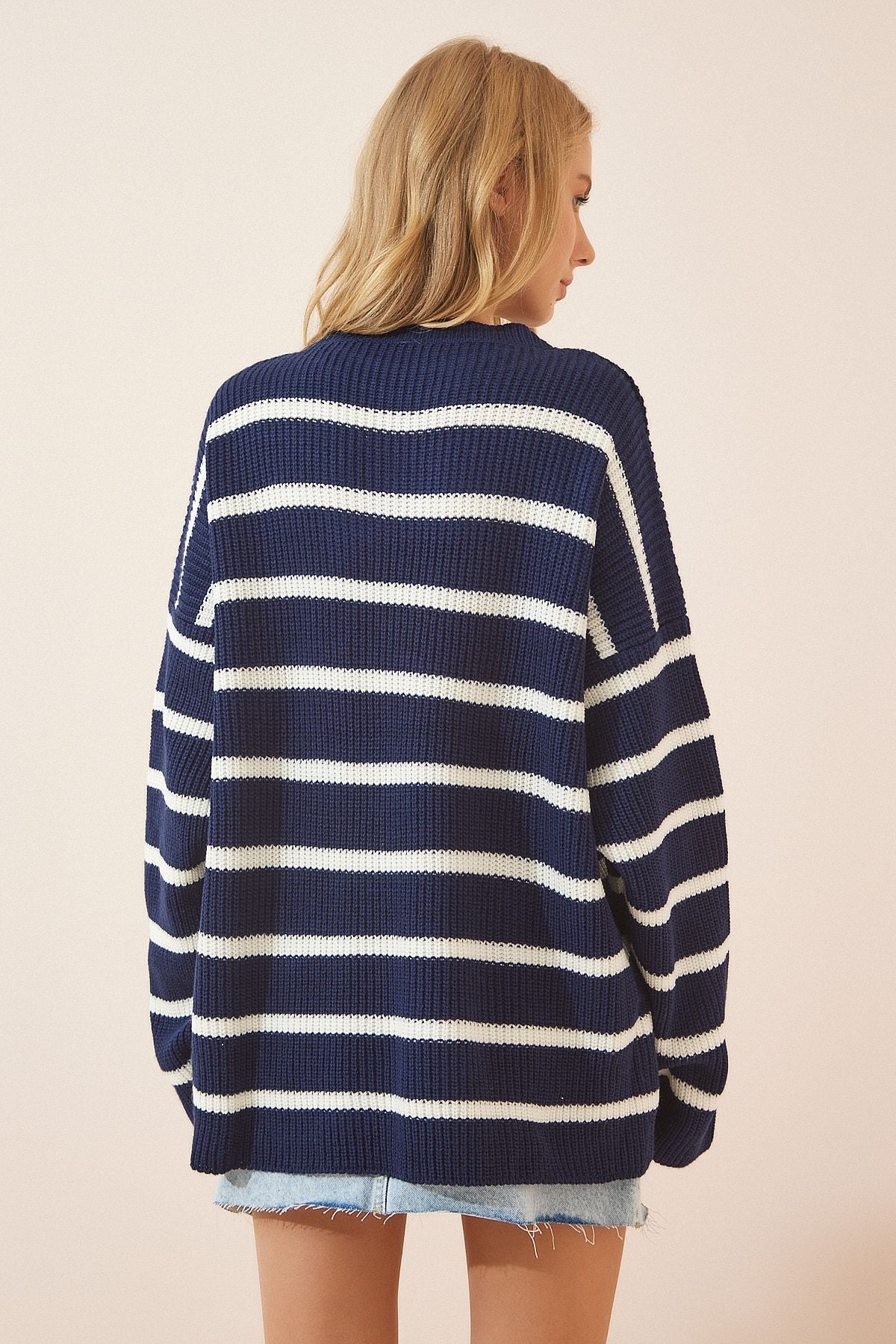 Woman Navy blue stripe long overwheeling knitwear sweater yy00078