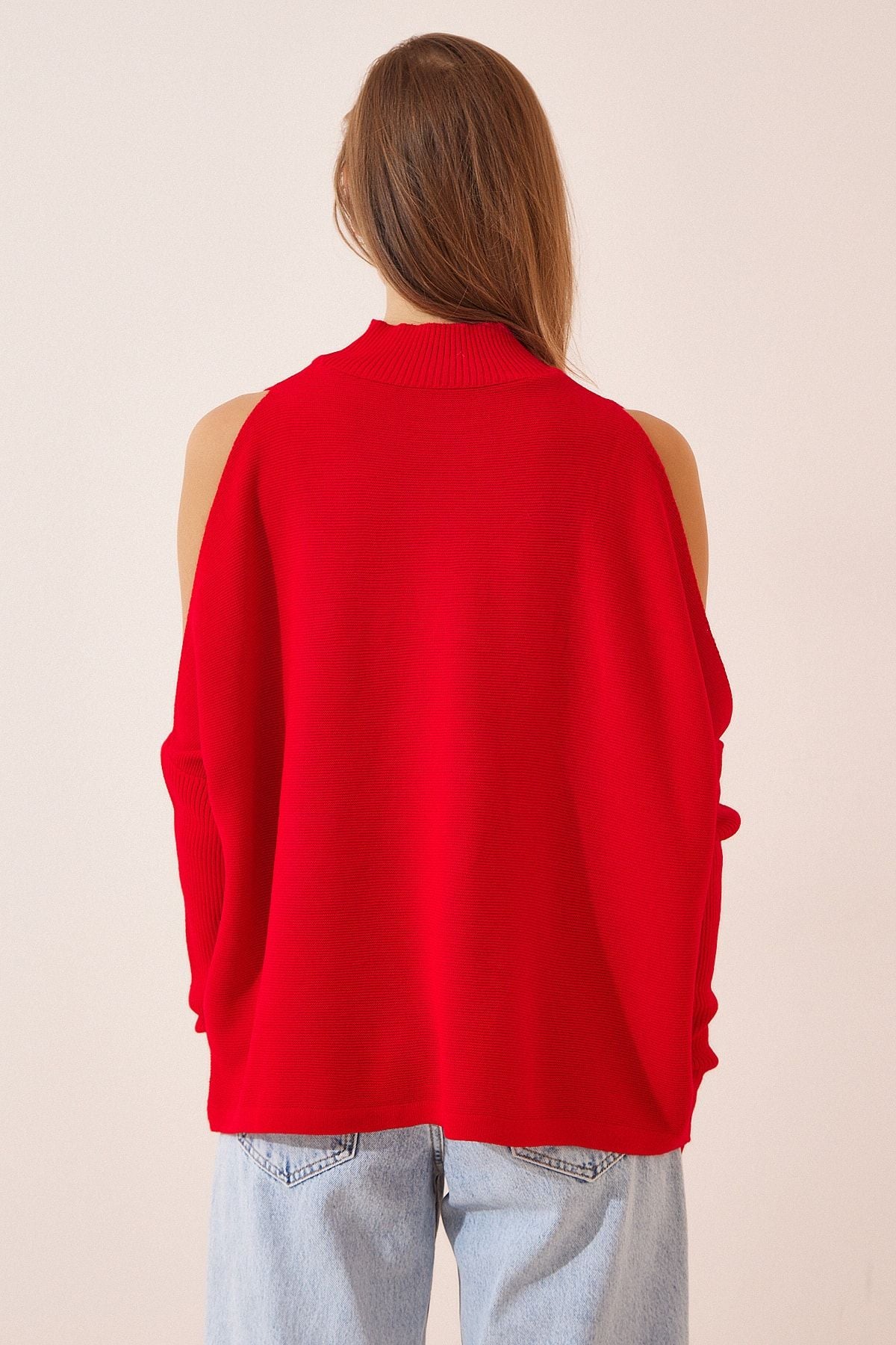 Woman Red Cut Out Detailed Oversize Knitwear Sweater AS00015