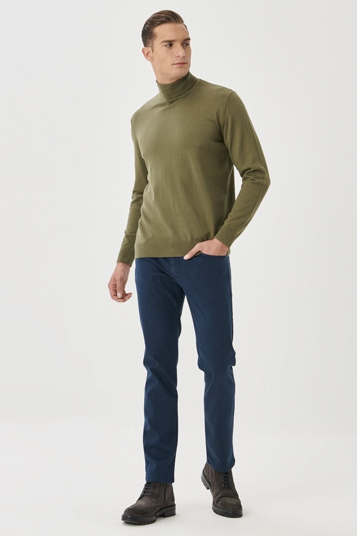 Men's navy blue 360 degrees stretching in all directions slim fit narrow cut cotton flexible pants