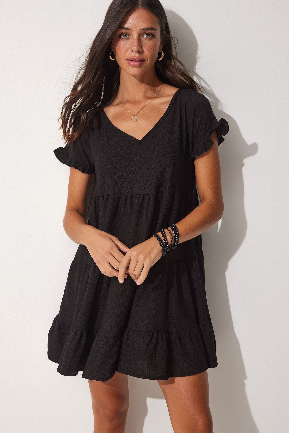 Woman Black V -Yaka Flash Summer Knitting Dress Dz00079