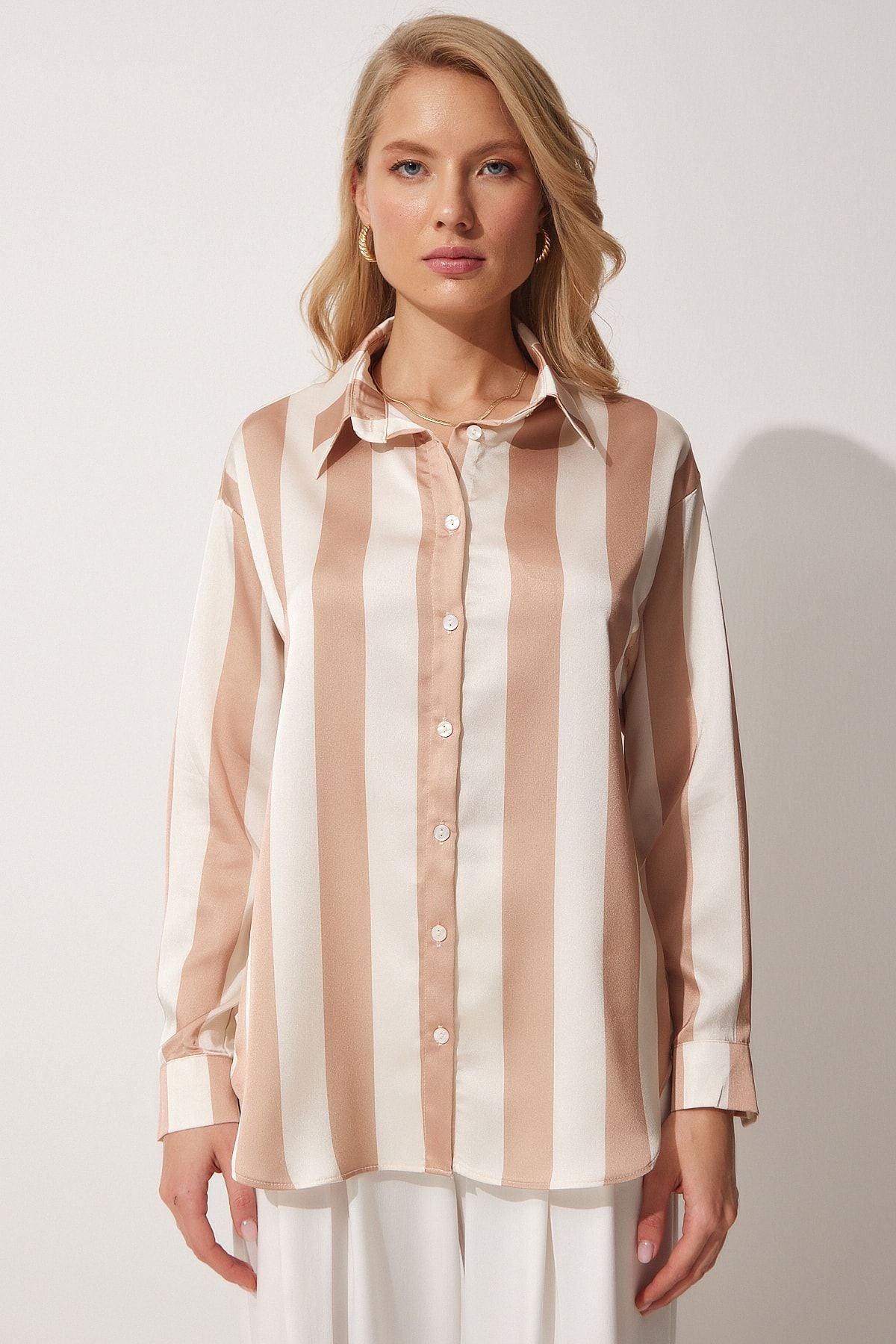 Women's cream striped satin shirt DD01206