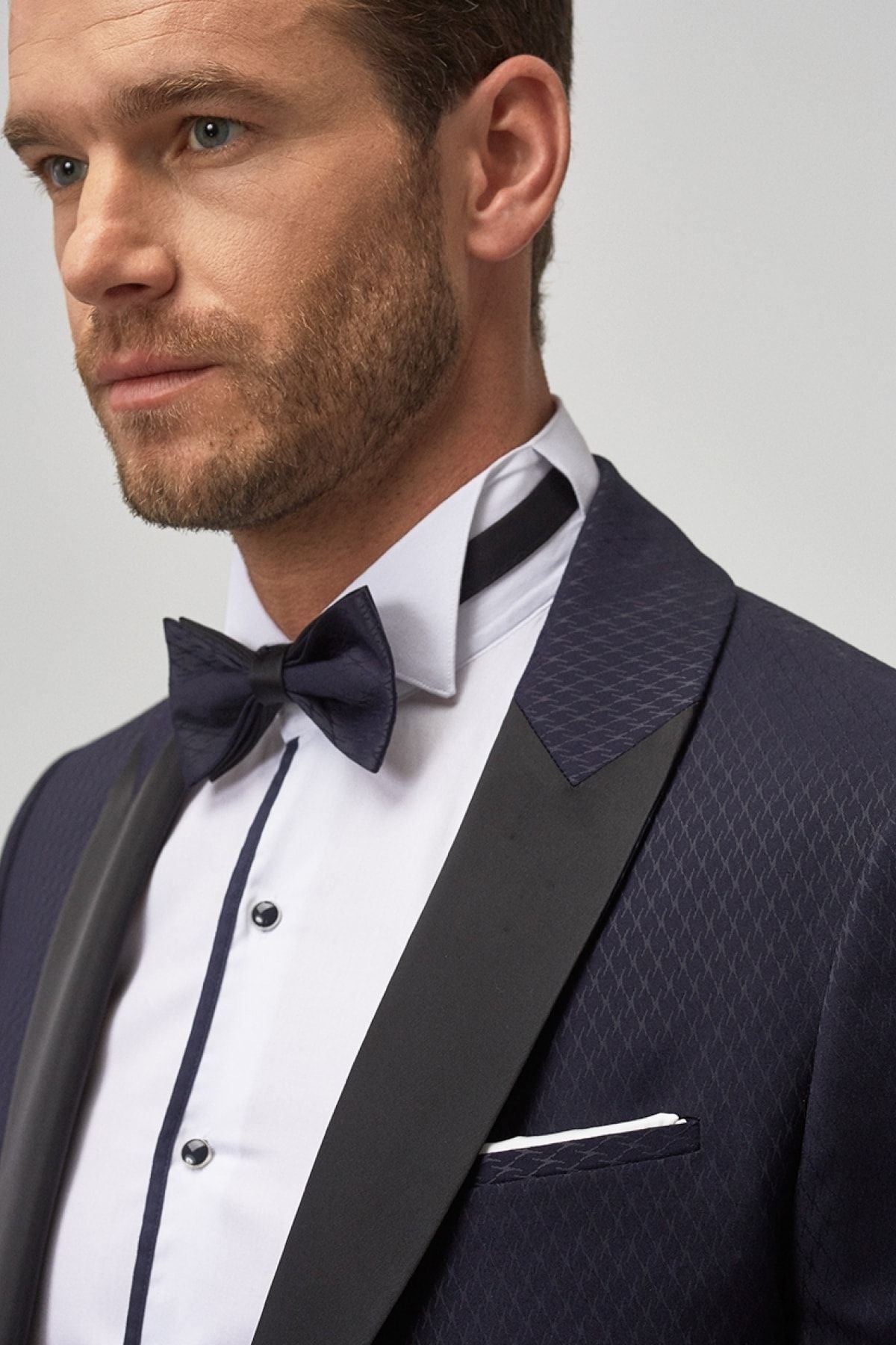Men's Navy Blue-Black Slim Fit Patterned Tuxedo Groom