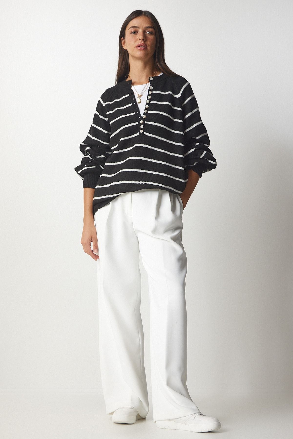 Female black button collar striped knitwear sweater LX00040