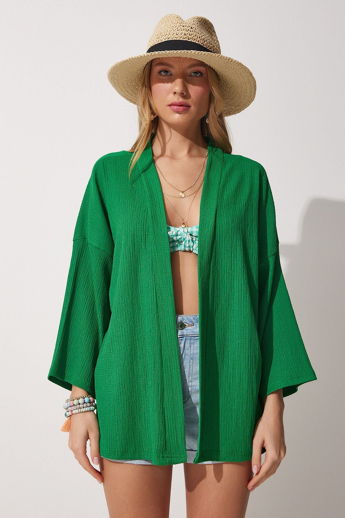 Female Green Storey Collar textured seasonal jacket DD01064
