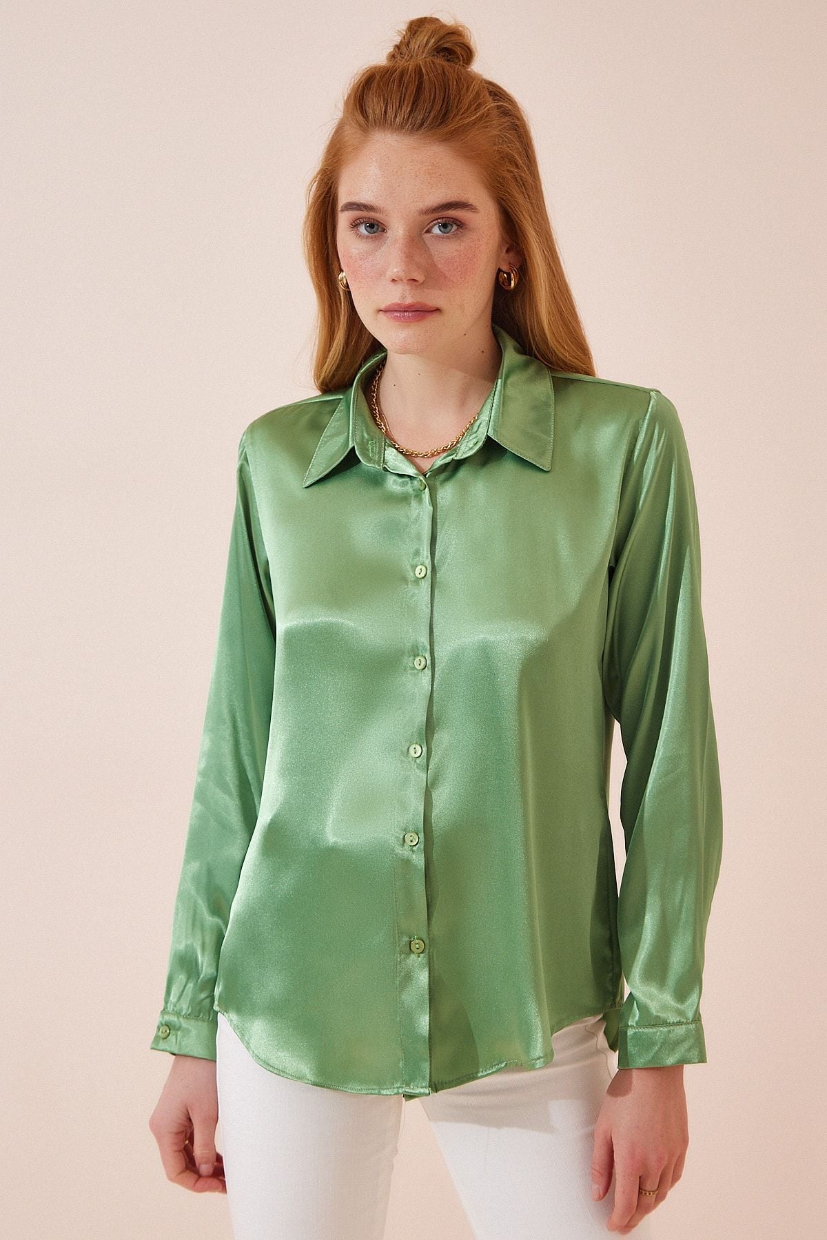 Female peanut green lightly draped satin surface shirt DD00990