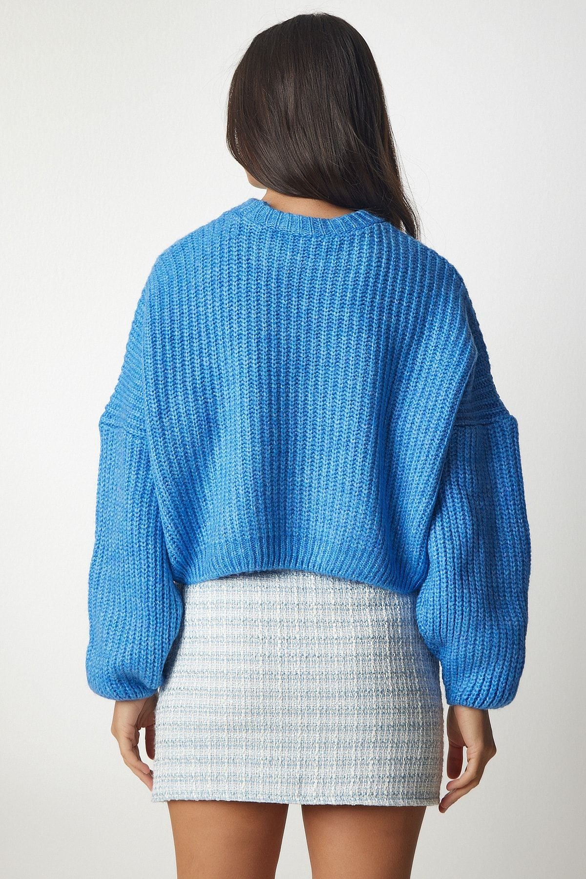 Woman Blue Balloon Sleeze Basic Knitwear Sweater BV00098