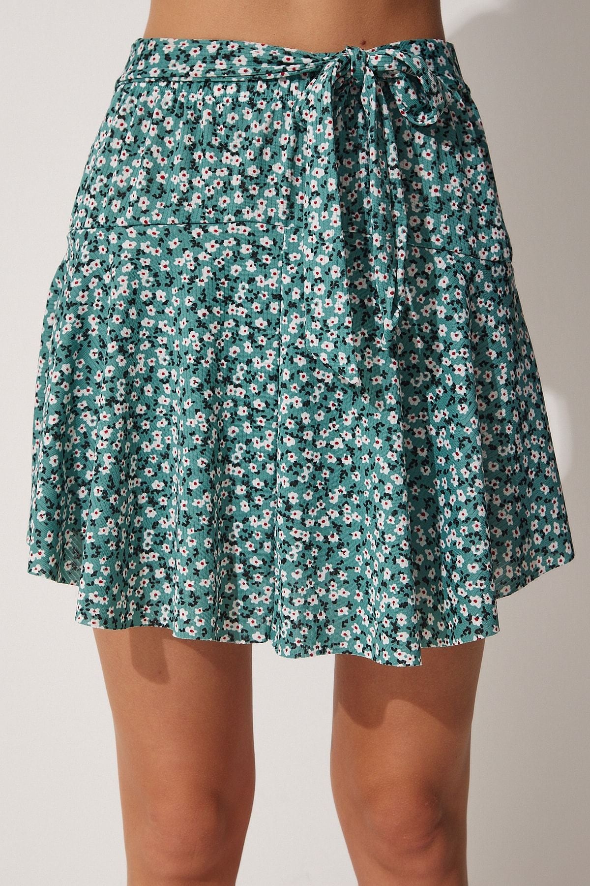 Women's Cagla Green Flower Patterned Mini Knitting Short Skirt CI00076
