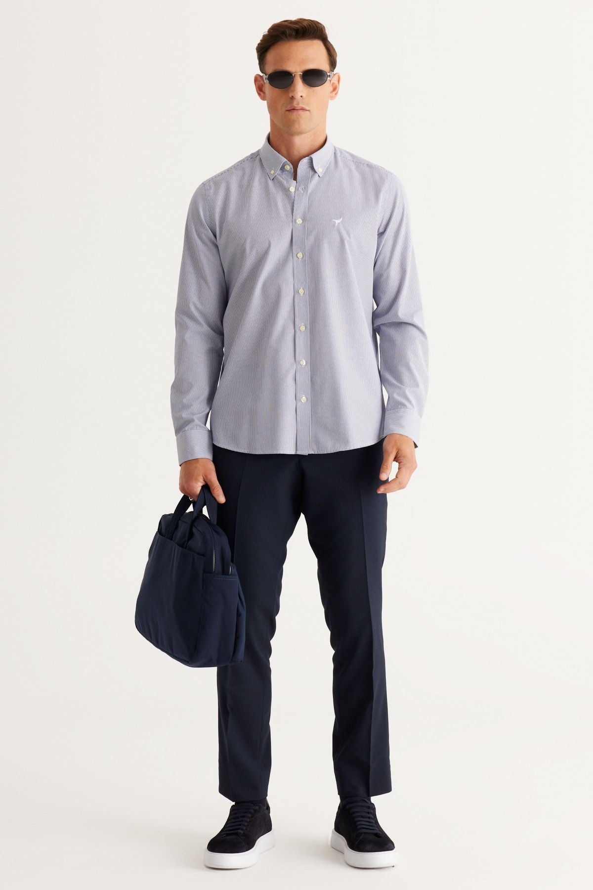 Men's Navy-White Slim Fit Narn Cutting Buttoned Neck Cotton Striped Shirt